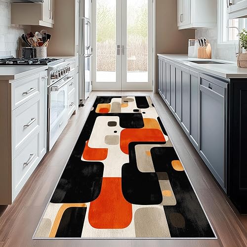 Alfombra retro de los años 70 de 4 x 12 pulgadas, alfombra de pasillo vintage geométrica negra, blanca y naranja, antideslizante, lavable, alfombra