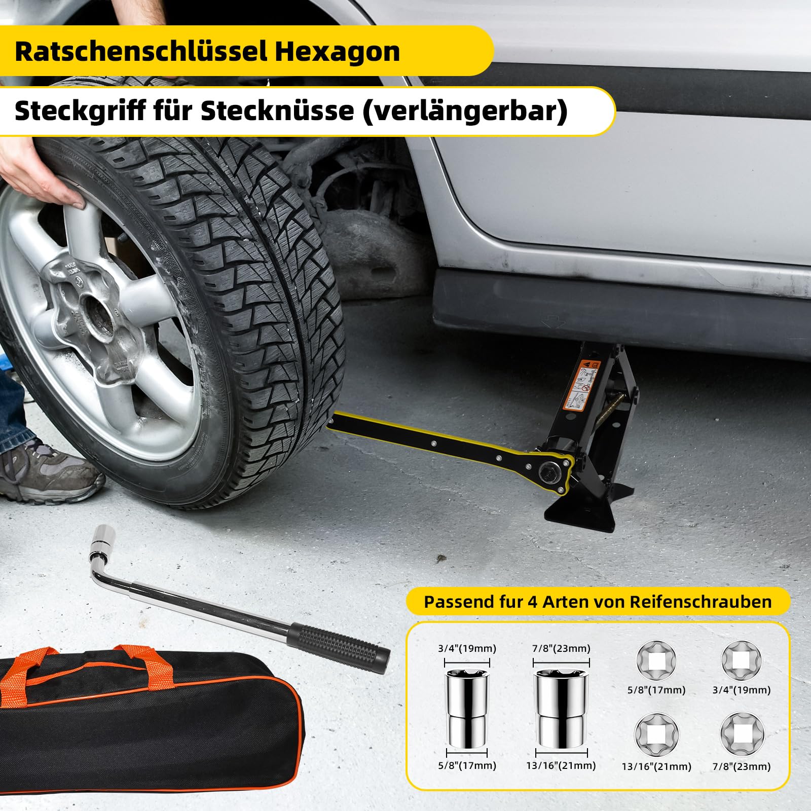 Wagenheber 3T,3000 kg Scherenwagenheber für Auto, mit Gummiauflage, tragbarer Auto-Wagenheber mit Radmutternschlüssel, Reifenwechsel- und Notfall-Set für SUV, MPV und Tesla