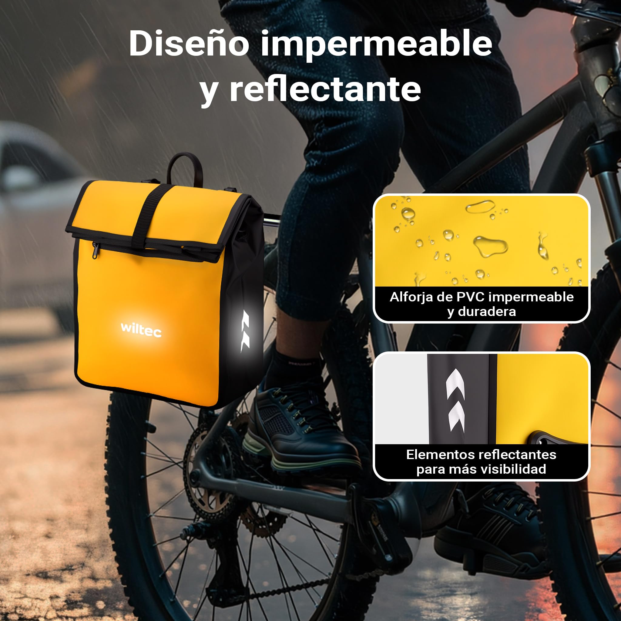 WilTec Bolsa para Bicicleta 22 L Amarilla Impermeable Material PVC y poliéster con Correa Ajustable Uso como Bandolera Ideal para portabultos Traseros Ciclismo Compras excursiones y Transporte Diario