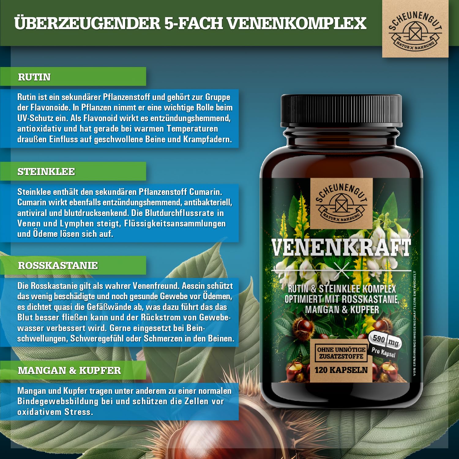 VENENKRAFT® Rutin Steinklee Kapseln Hochdosiert - WICHTIG: Laborgeprüfter Venen-Komplex mit Rutin, Steinklee, Rosskastanienextrakt, Mangan,Kupfer uvm. 120 Stk DE SCHEUNENGUT®