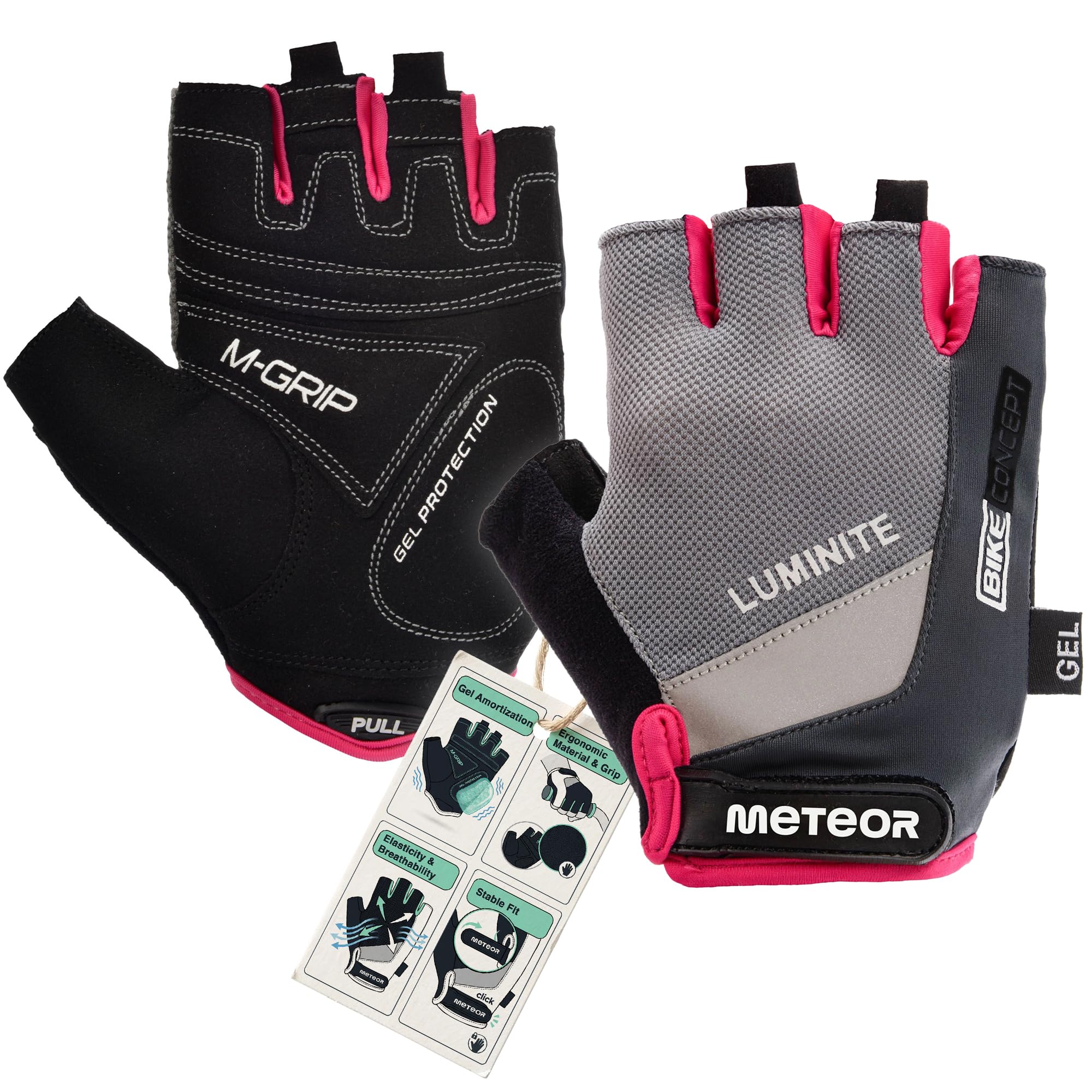 meteor Fahrradhandschuhe Herren Damen Kinder Halbfinger Gel gepolstert | Radhandschuhe kurz für MTB, Rennrad, E-Bike - Handschuhe atmungsaktiv im Sommer, reflektierend, 7 Größen XXS-XXL