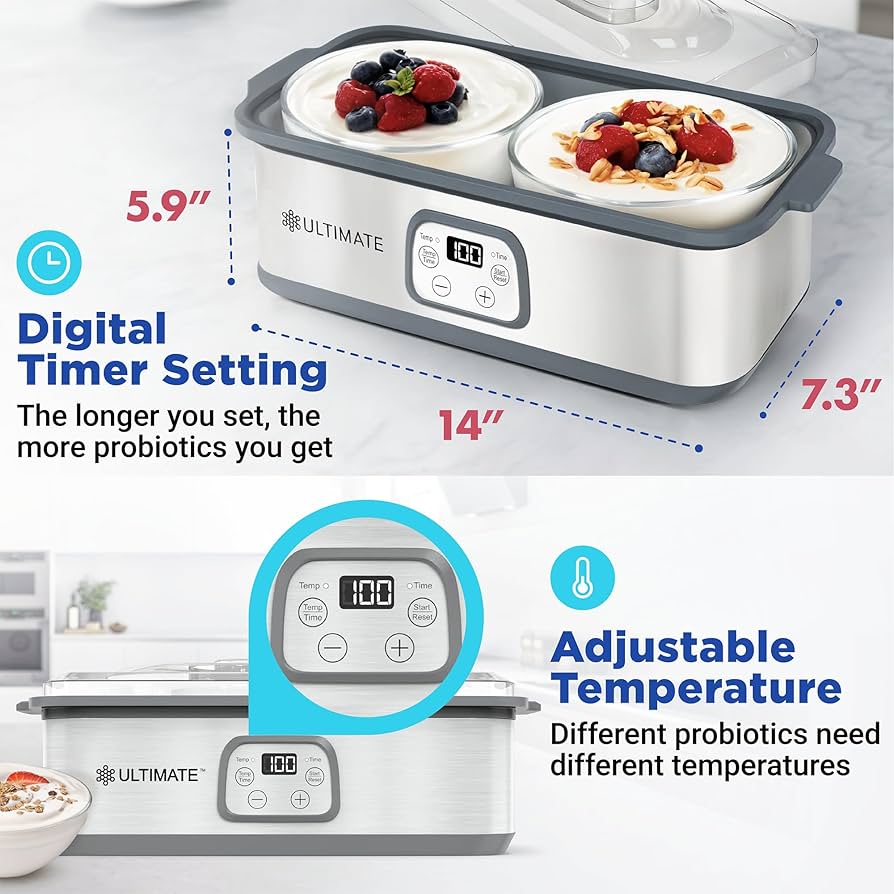 Ultimate Probiotic Yogurt Maker With Adjustable Temperature & Time Control - Make Trillions Of Live Probiotics & Get Better Gut Health - ULTIMATE