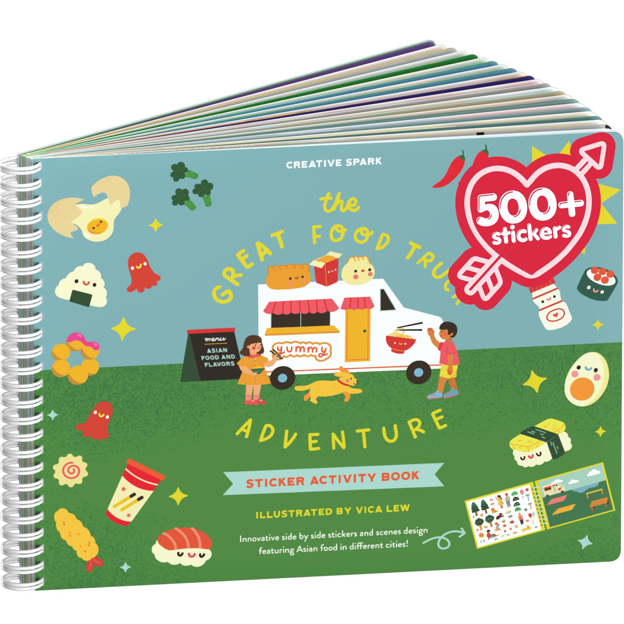 Food Truck Adventure 500+ Kids Sticker Book by Cupkin Fun Toddler Travel Activity Coloring and Sticker Book, 12 Coloring Pages + 12 Scenes for