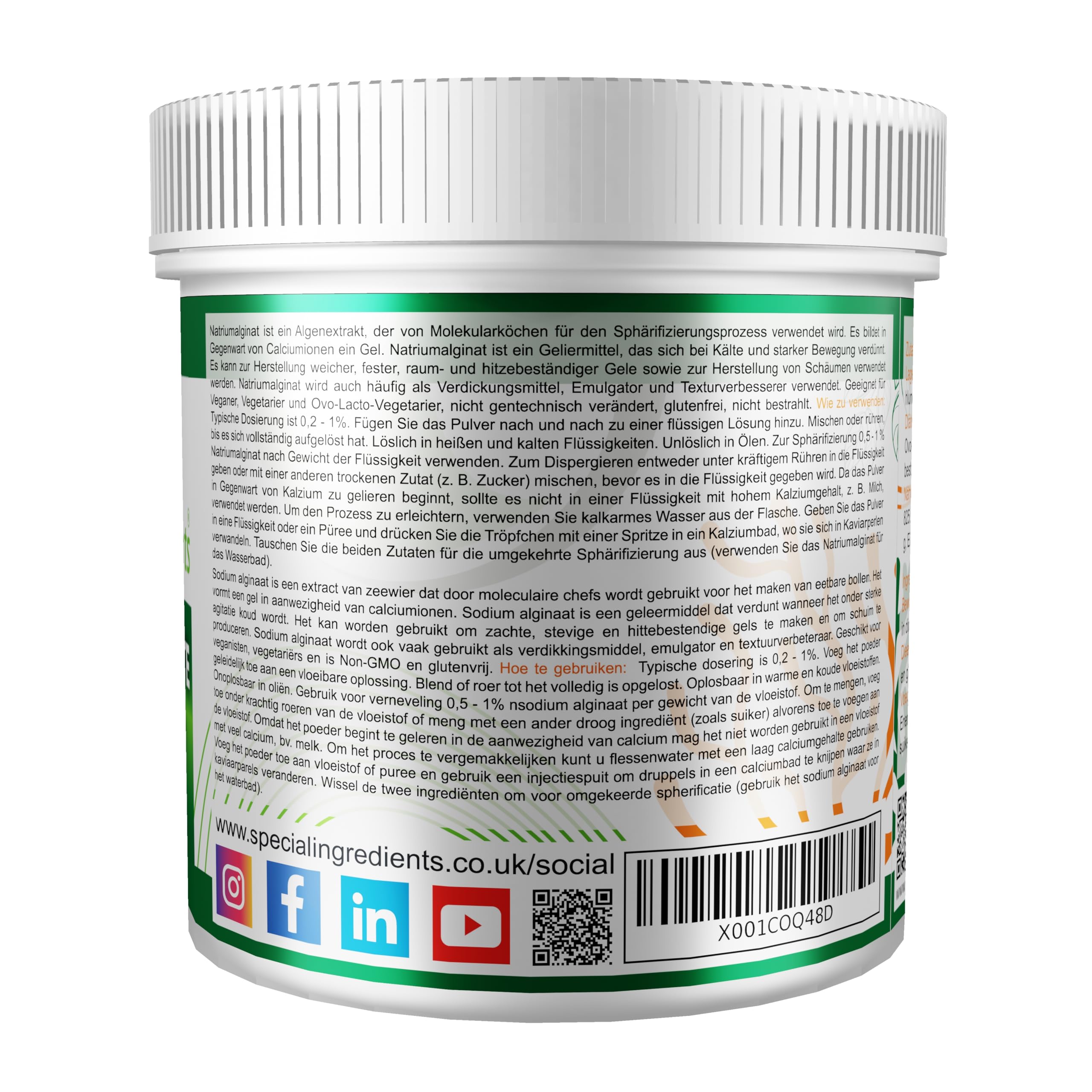 Special Ingredients Alginato di sodio in polvere da 500 g, estratto di alga, addensante, emulsionante e miglioratore di consistenza, adatto per vegani e vegetariani, imballaggio riciclabile
