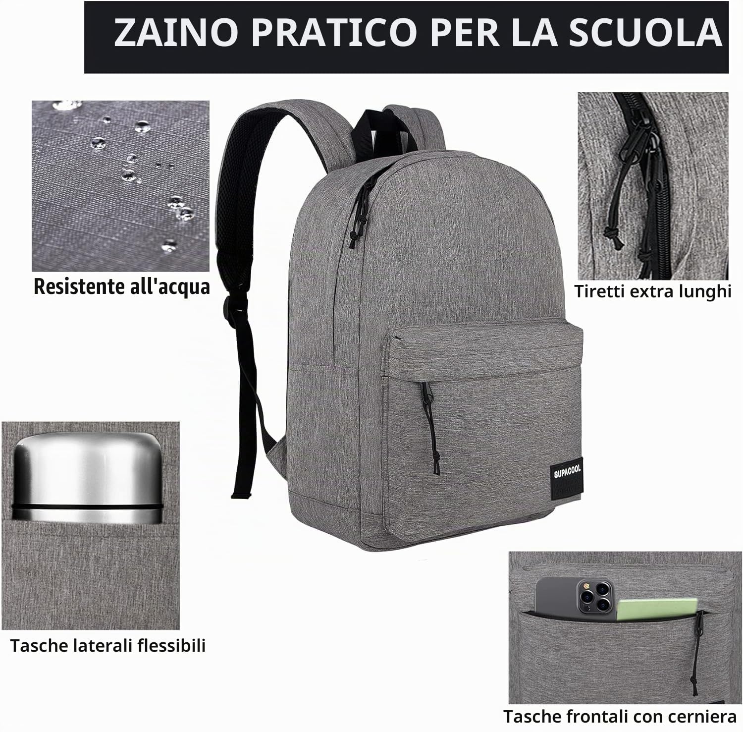 SUPACOOL Zaino leggero e casual con porta di ricarica USB per uomini e donne, borsa per libri di scuola per college, Big Size, laptop(Light Grey)