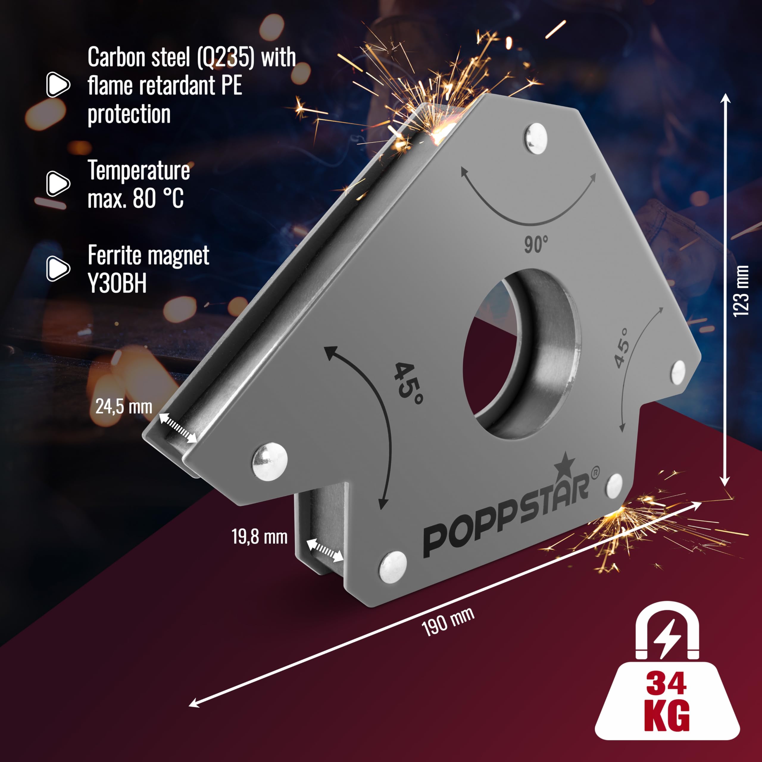 Poppstar Welding magnet (welding angle holding force 34 kg - 45/90/135°), 2 pieces, grey, 2x 34 kg - Image 2