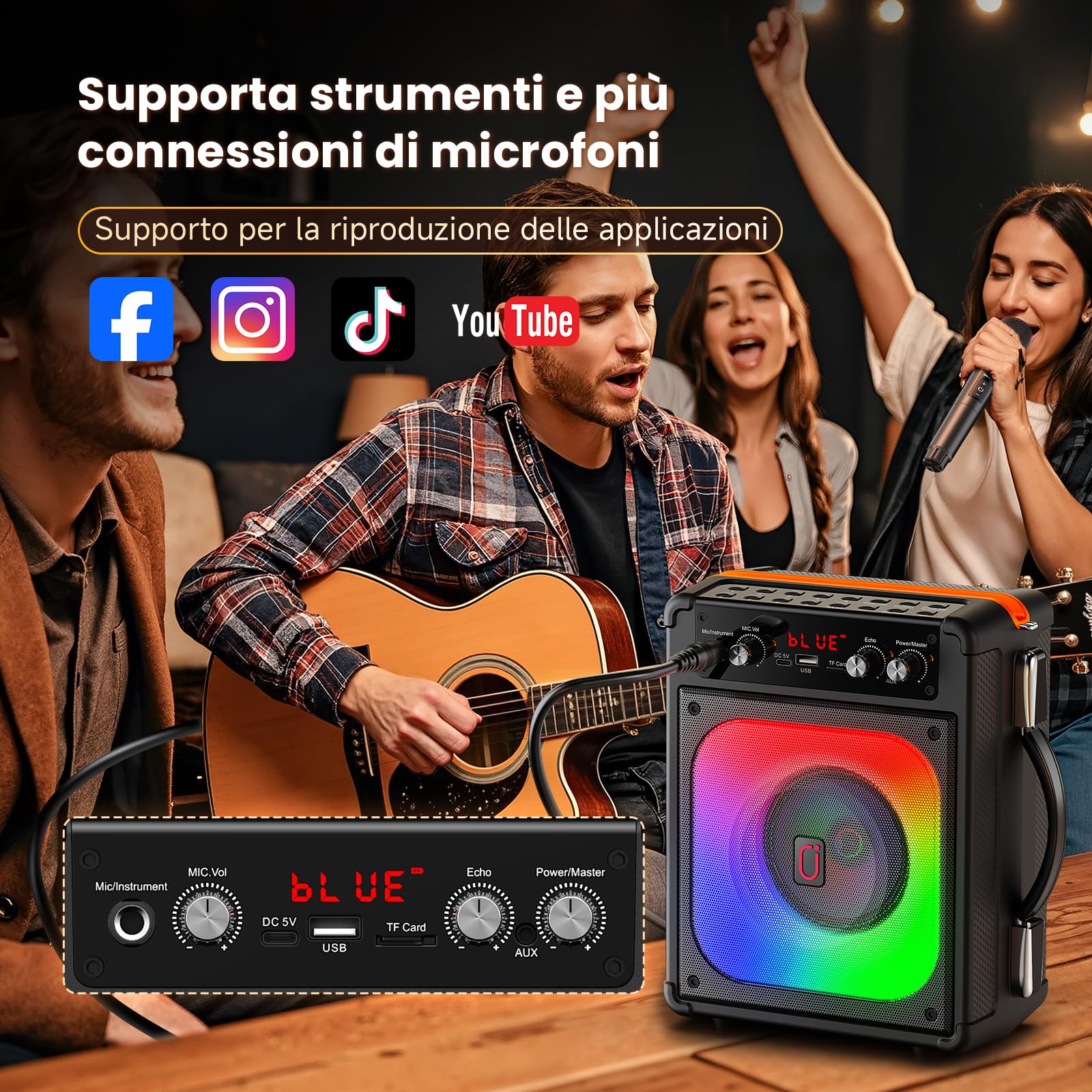 HWWR Karaoke con 2 Microfono, 60W Cassa Bluetooth 5.3 Subwoofer da 6,5, 12 Ore Riproduzione, Karaoke Portatile per Adulti/Bambini con Effetti Luce LED, Festa/Casa/Compleanno