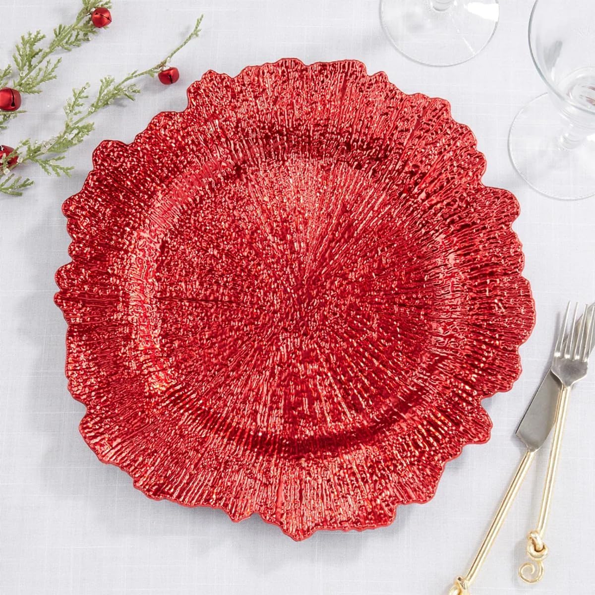 Fennco Styles Modern Starburst Charger Plates 14" Round, Set of 4 – Red Radiant Table Chargers for Banquets, Family Dinners, Special Events, Everyday Use and Home Décor