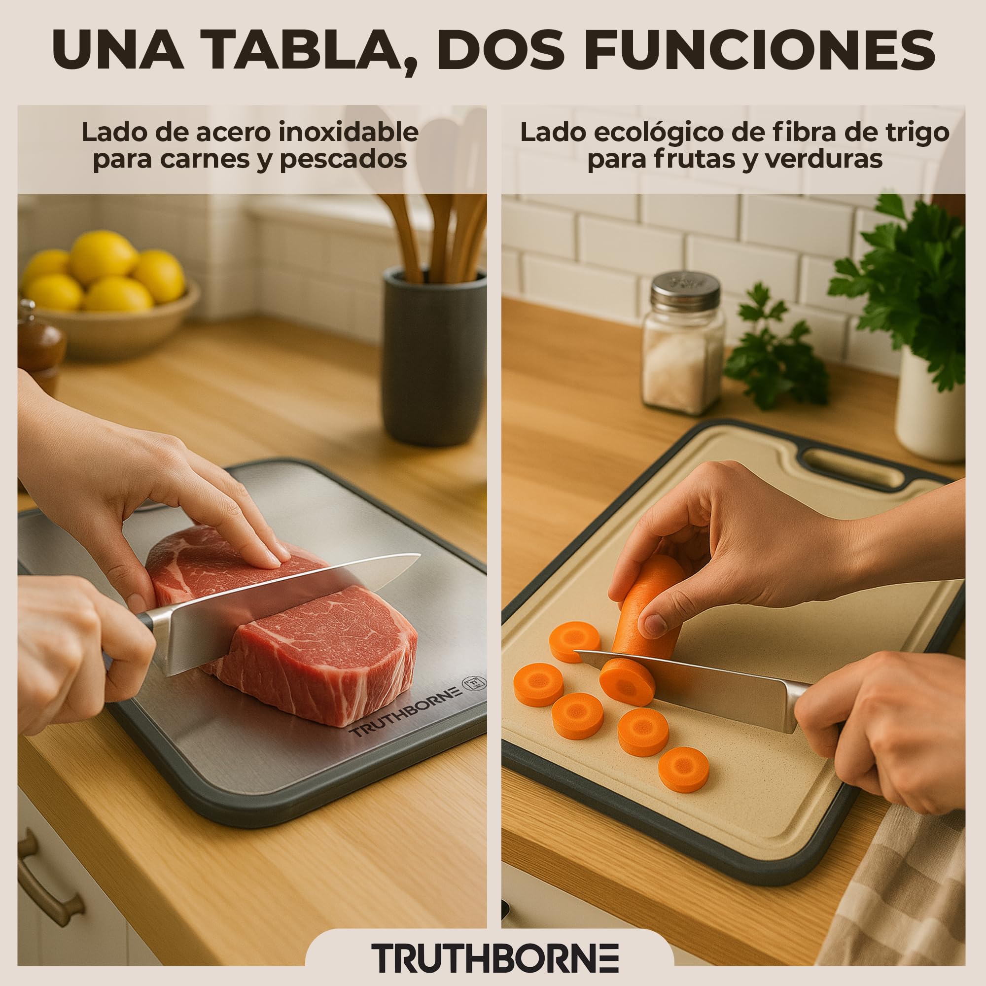 Tabla de Cortar Titanio 100% Puro Grado Alimentario – Doble Cara: Titanio + Fibra Natural 38,5×26,5 cm – Antibacteriana, Antideslizante, Sin Olores ni BPA – Tabla Cortar Cocina Premium