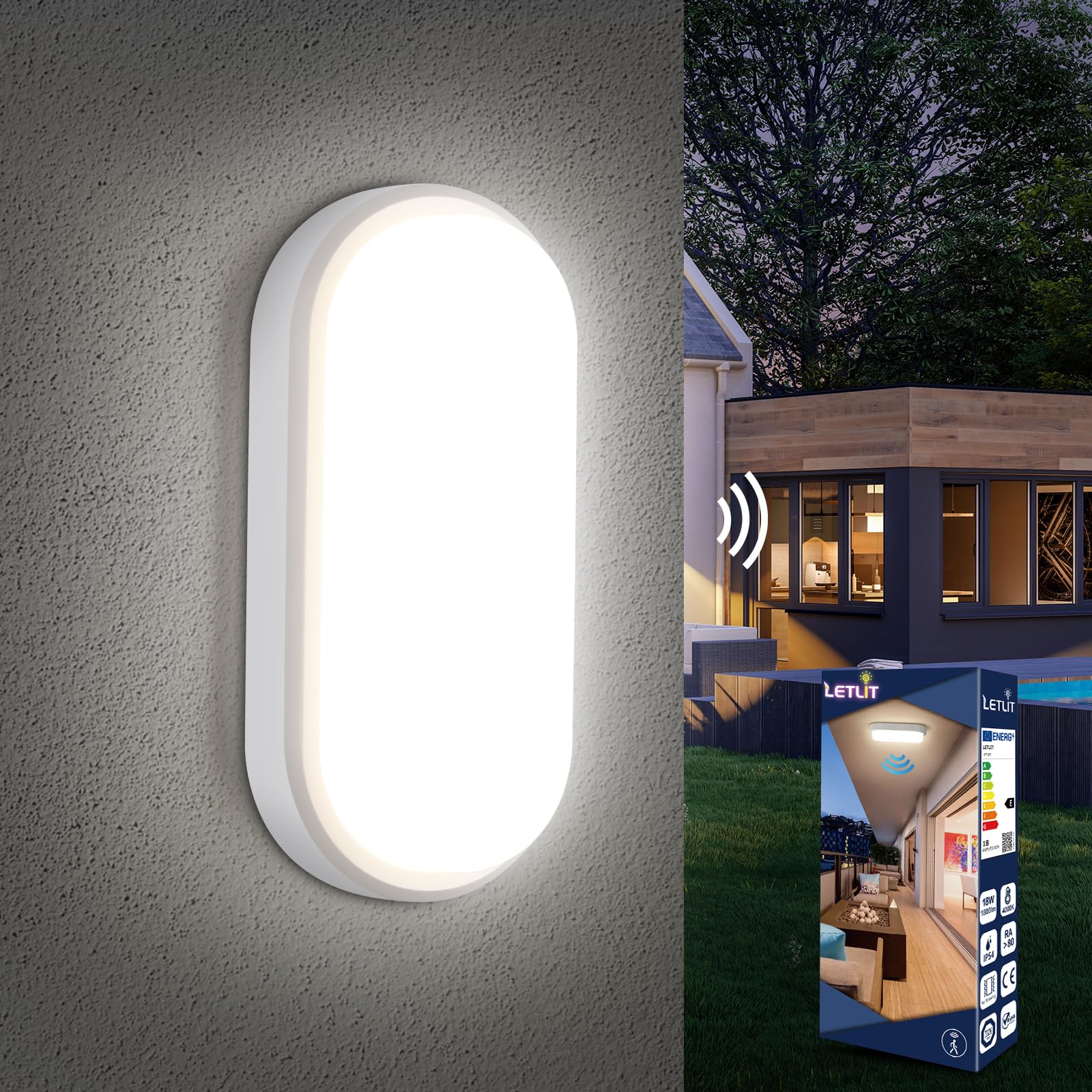 Letlit Lampe Wandlampe mit Bewegungsmelder Innen, 18W 1800LM Kellerlampe Deckenlampe Wandleuchte Deckenleuchte, IP54 Feuchtraumleuchte mit Bewegungsmelder für Keller Flur Treppe Garage