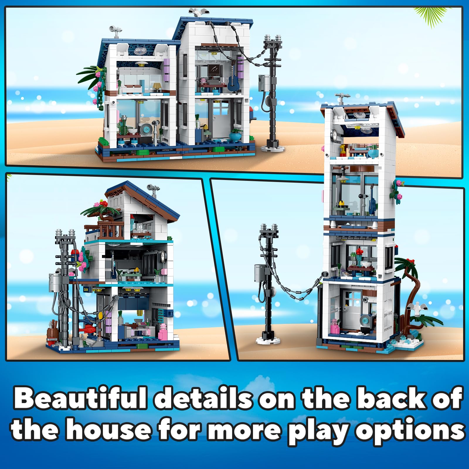 3 in 1 City House Building Sets,Creative Modern House with Light,Seaside Beach Villa Japanese Style Cottage Friends Vacation Hut Building Blocks Toys for Kids Ages 6+