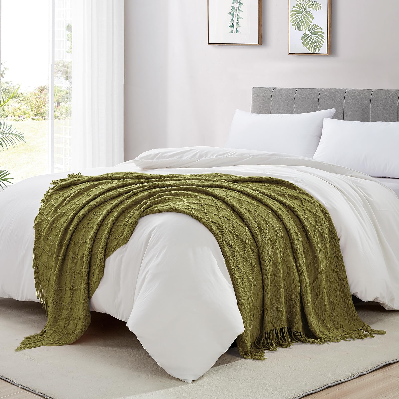 BOURINA Throw Blanket Textured Solid Soft Throws and Blankets for Sofa or Bed Knitted Decorative Blanket 127x178cm Olive - Image 3