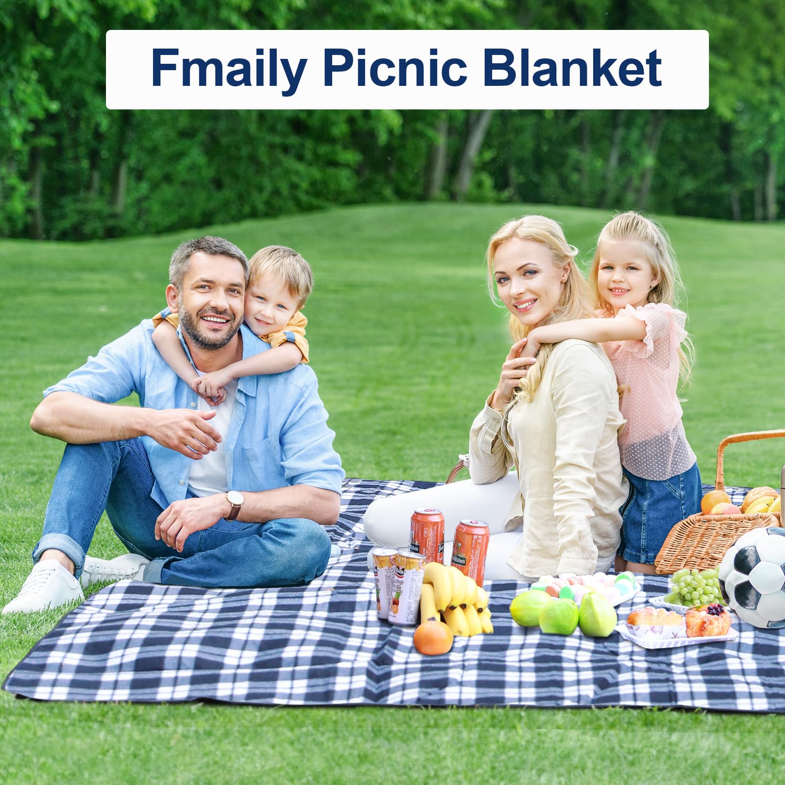 HUTHIM Coperta da Picnic 300 x 300 cm, Impermeabile, Senza Sabbia per Esterni, Lavabile XXL Pieghevole con Tracolla Ideale per Parco Spiaggia (Griglia Blu e Bianco)