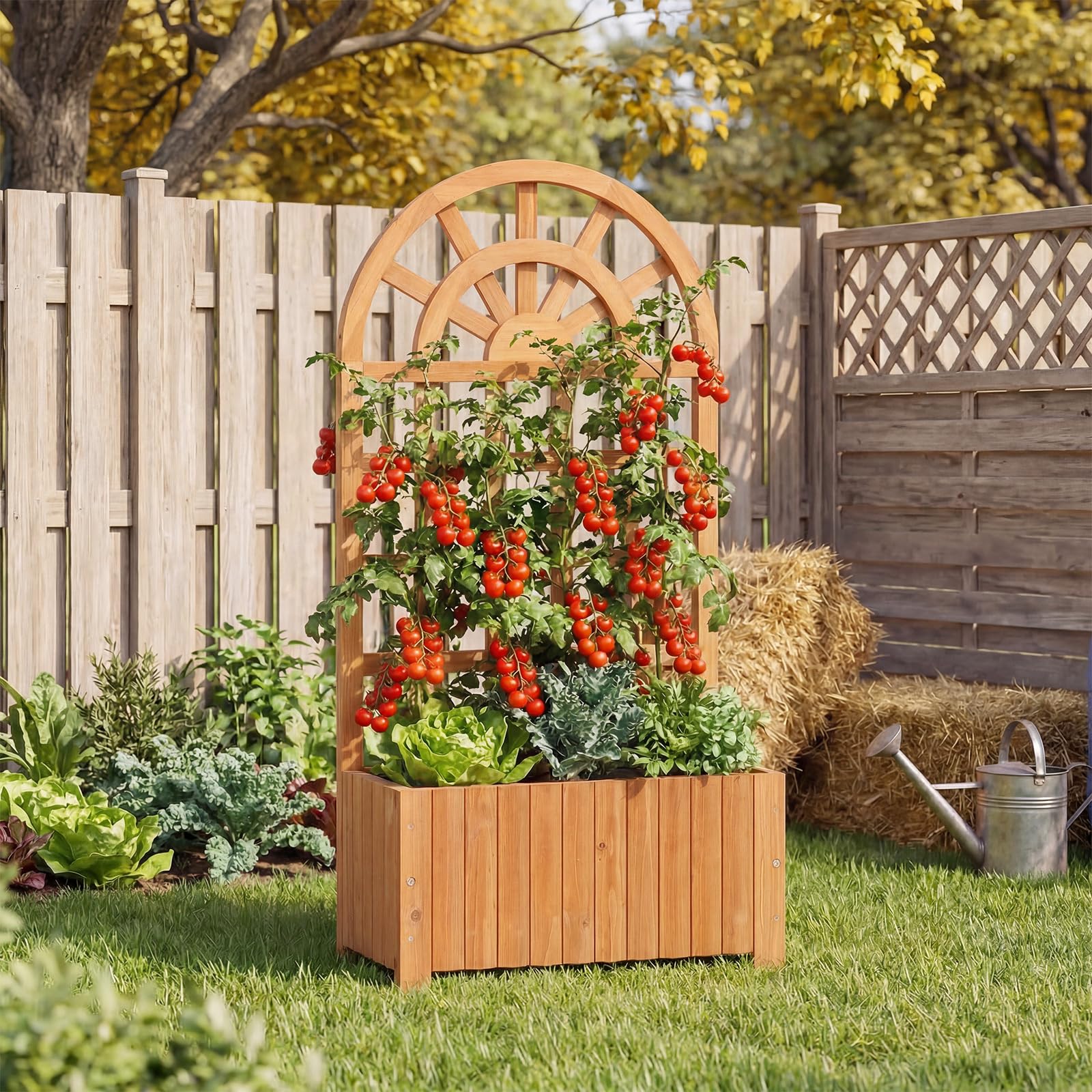 COSTWAY Jardinera con Enrejado de Madera, Jardinera con Celosía y Agujeros de Drenaje, Macetero Elevado para Plantas Trepadoras, Flores, Verduras, Patio, Jardín, Terreza (Marrón,61x30x121 cm)