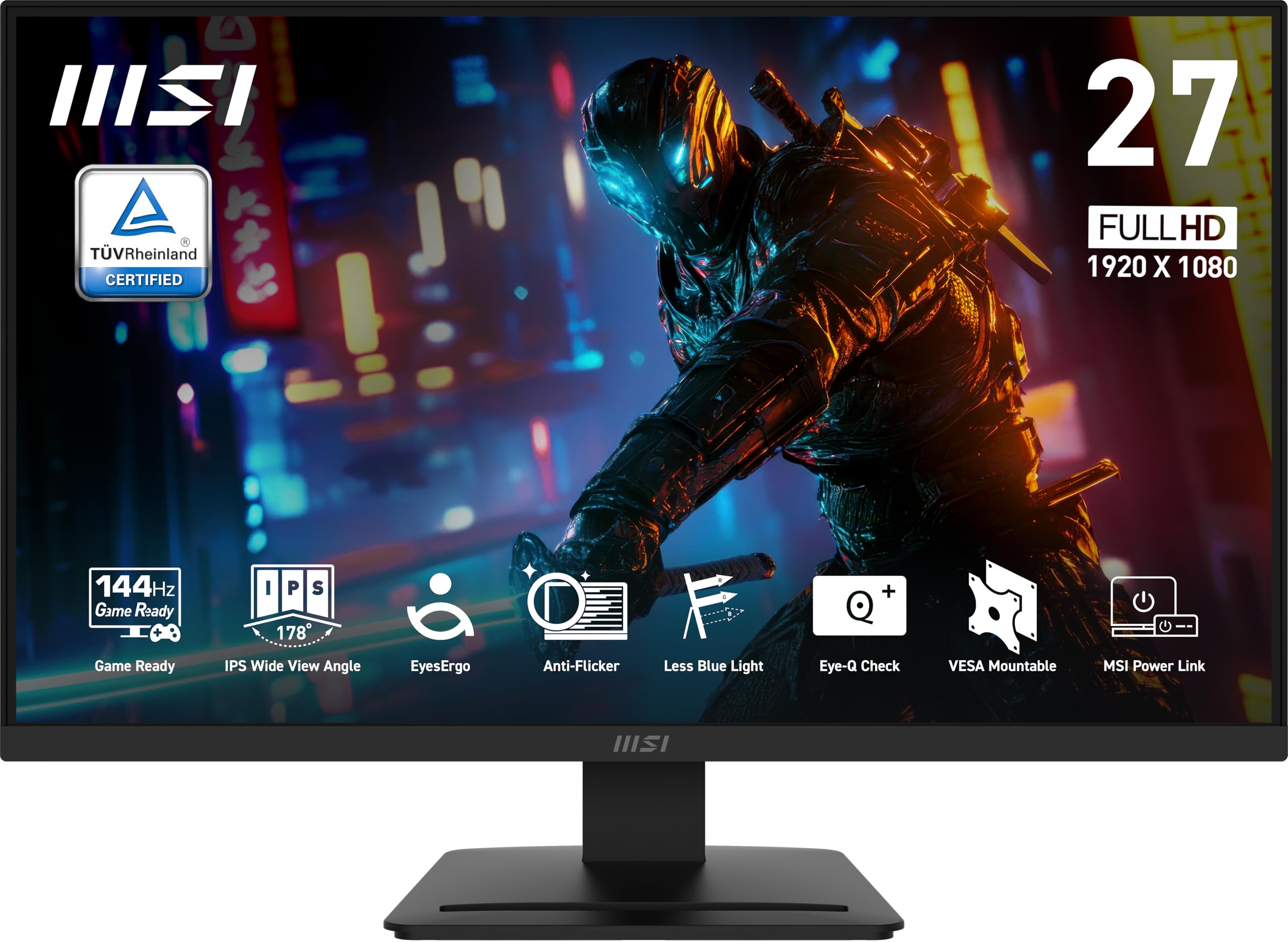 msi pro mp273l e14 27-inch ips 1920 x 1080 (fhd) gaming office monitor, 144hz, free-synch, hdr ready, hdmi, vga port,vesa mountable, tilt, 4-side slim bezel,1ms, black