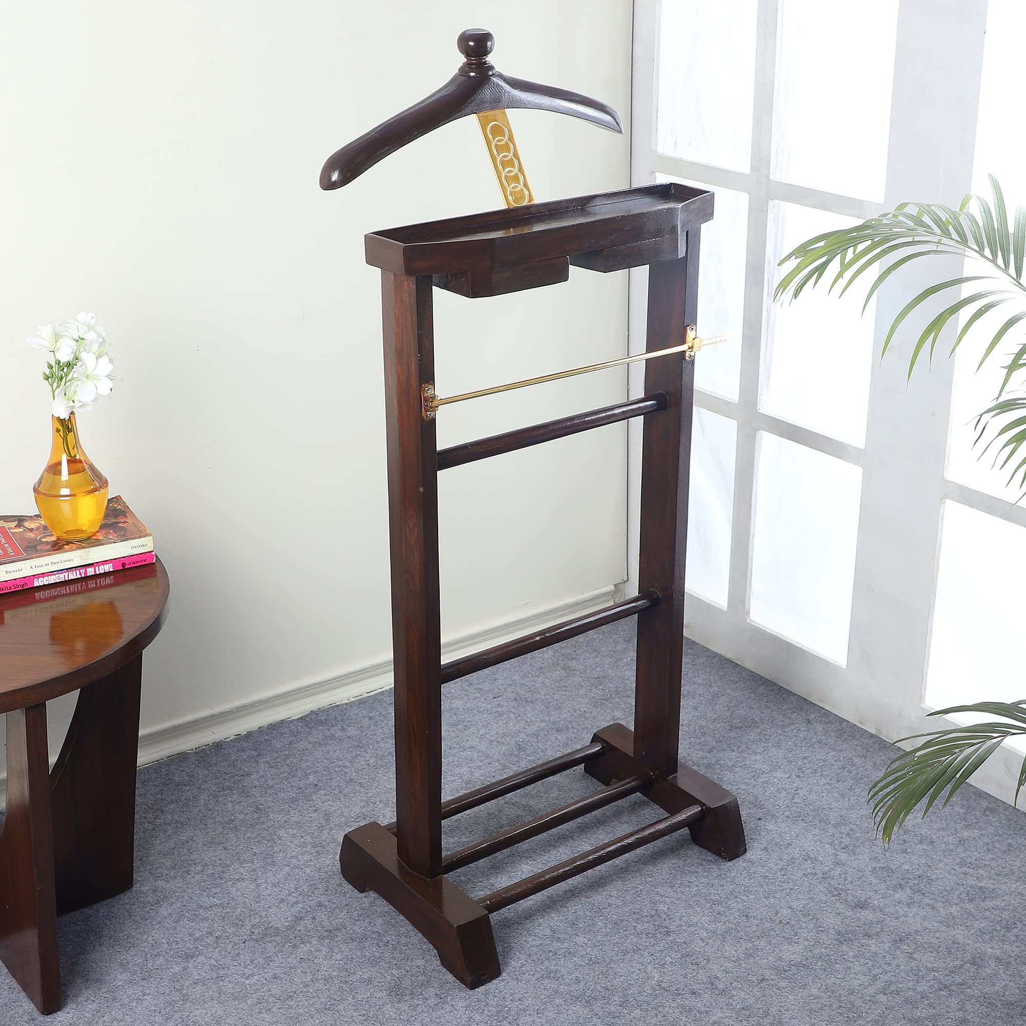 Beverly Studio Teak Wooden Sturdy Coat Stand/Cloth Hanger with Two Drawers (Brown, Size : 90 x 33 x 48 cm)