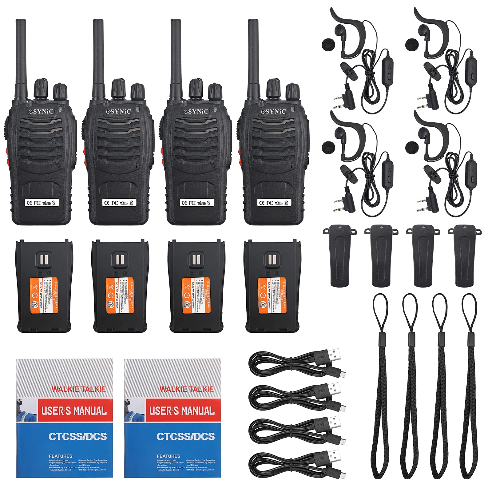 ESYNiC 2 Paio Walkie Talkie Radio USB Ricaricabile PMR 446MHz VOX Ricetrasmittente Portatile 16 Canali Singola Banda Walkie-Talkie Professionali con Cavo Auricolari Funzione Torcia Elettrica