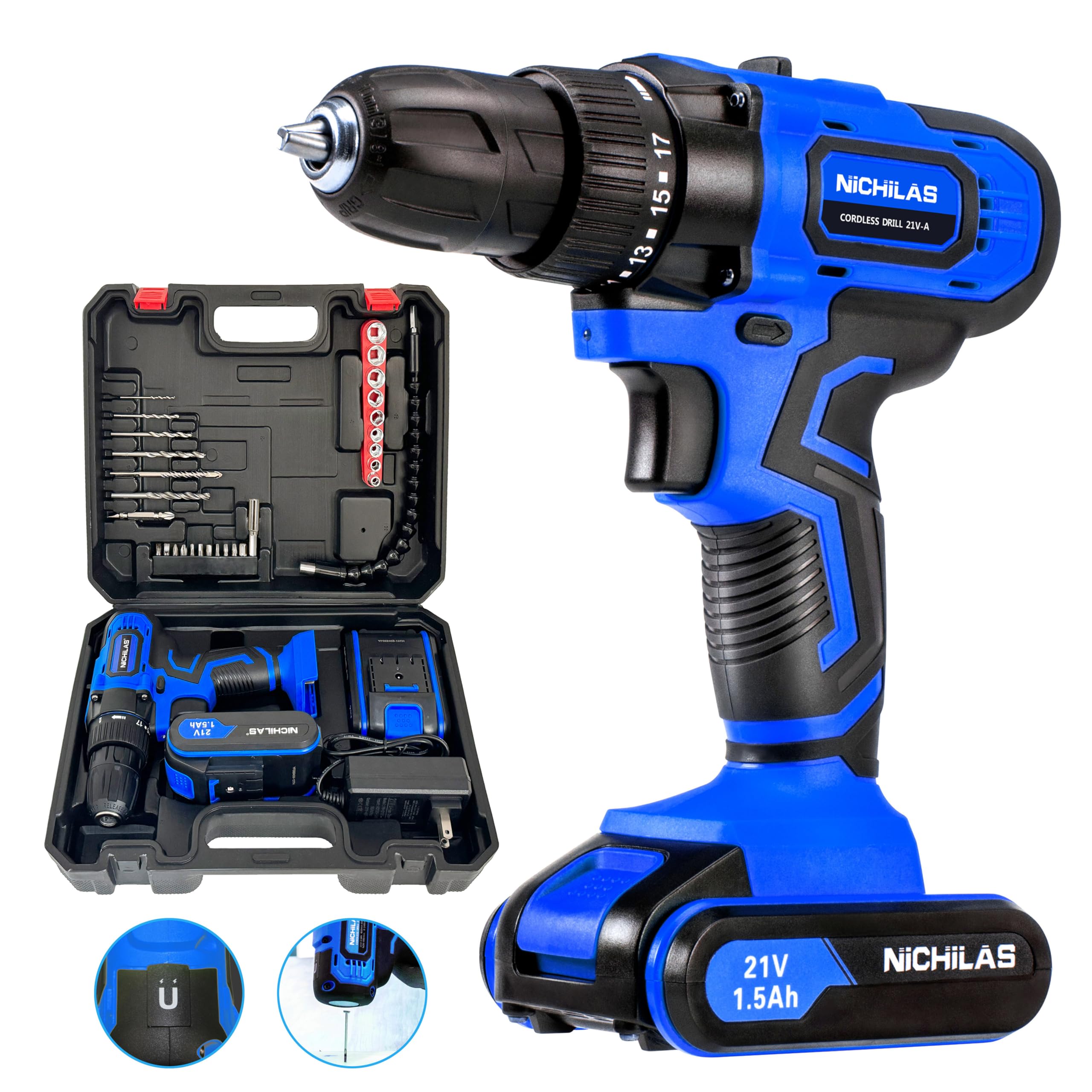Nichilas Cordless Drill, 21V Power Screwdriver 2 Variable Speed 3/8” Keyless Chuck, 2 X 1500mAh Batteries and Charger for assembling, repairing and DIY