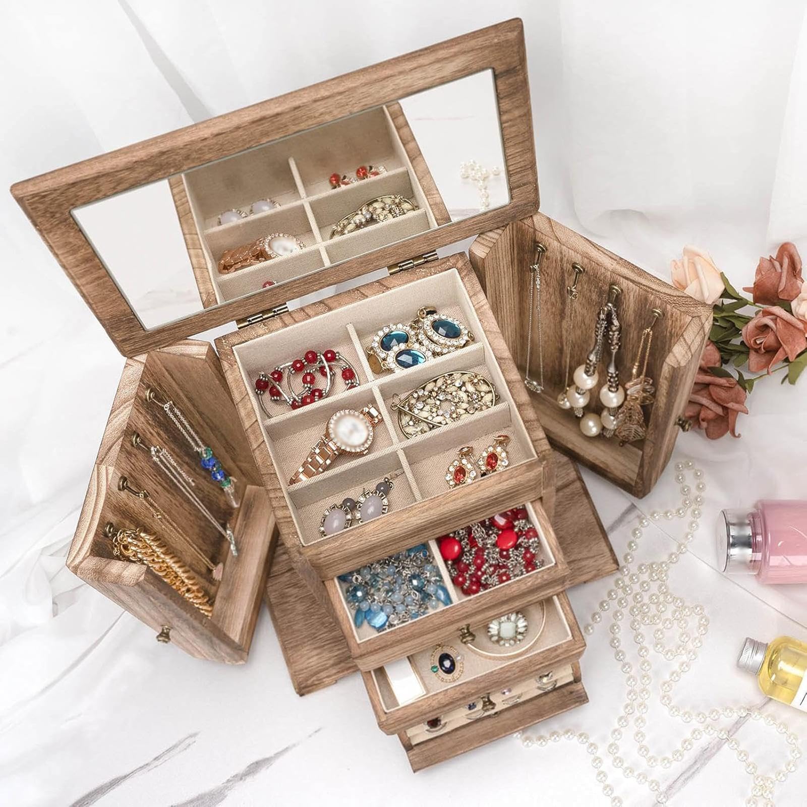 Organizzatore di gioielli, custodia per gioielli, scatola di legno con layout diviso, progettata per contenere orecchini, collane, bracciali e anelli, grande scatola legno per donne e uomini.