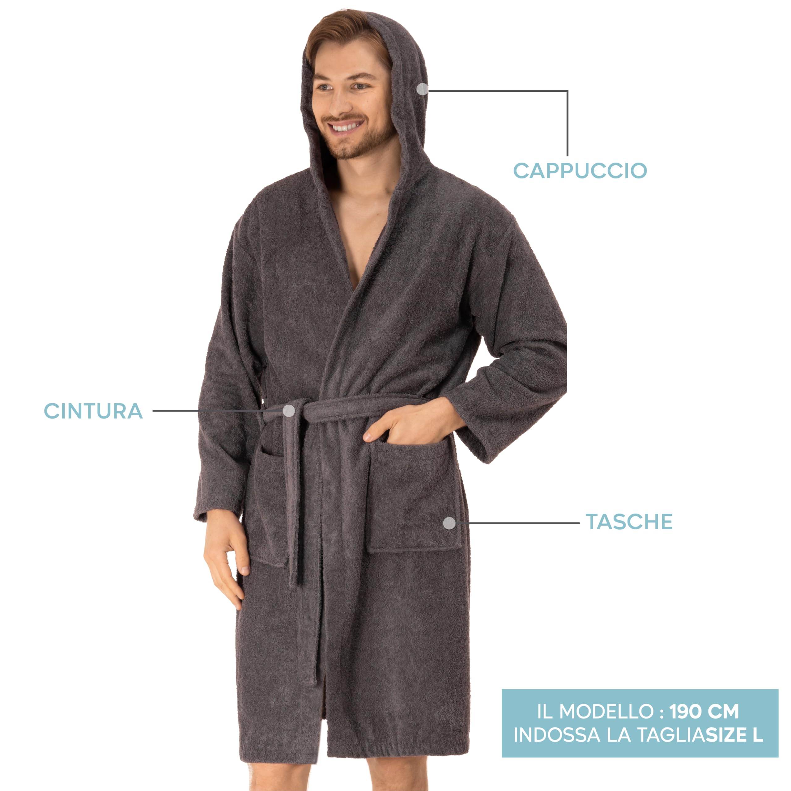 Twinzen Accappatoio per Uomo con Cappuccio in Spugna, 2 Tasche, Cintura Cotone Senza Prodotto Chimico, Oeko Tex - Vestaglia per Uscire dalla Doccia, Assorbente e Confortevole