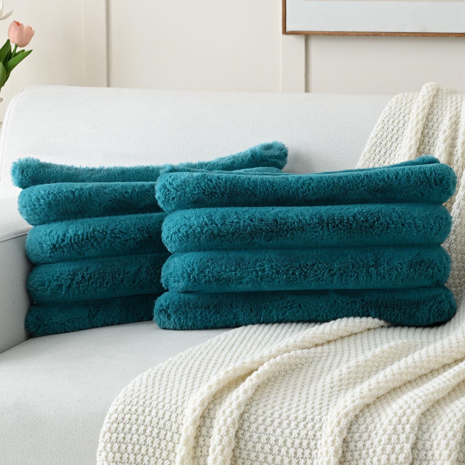 FUTEI Set of 2 Fluffy Faux Rabbit Fur Cushion Covers 30 x 50 cm,Teal