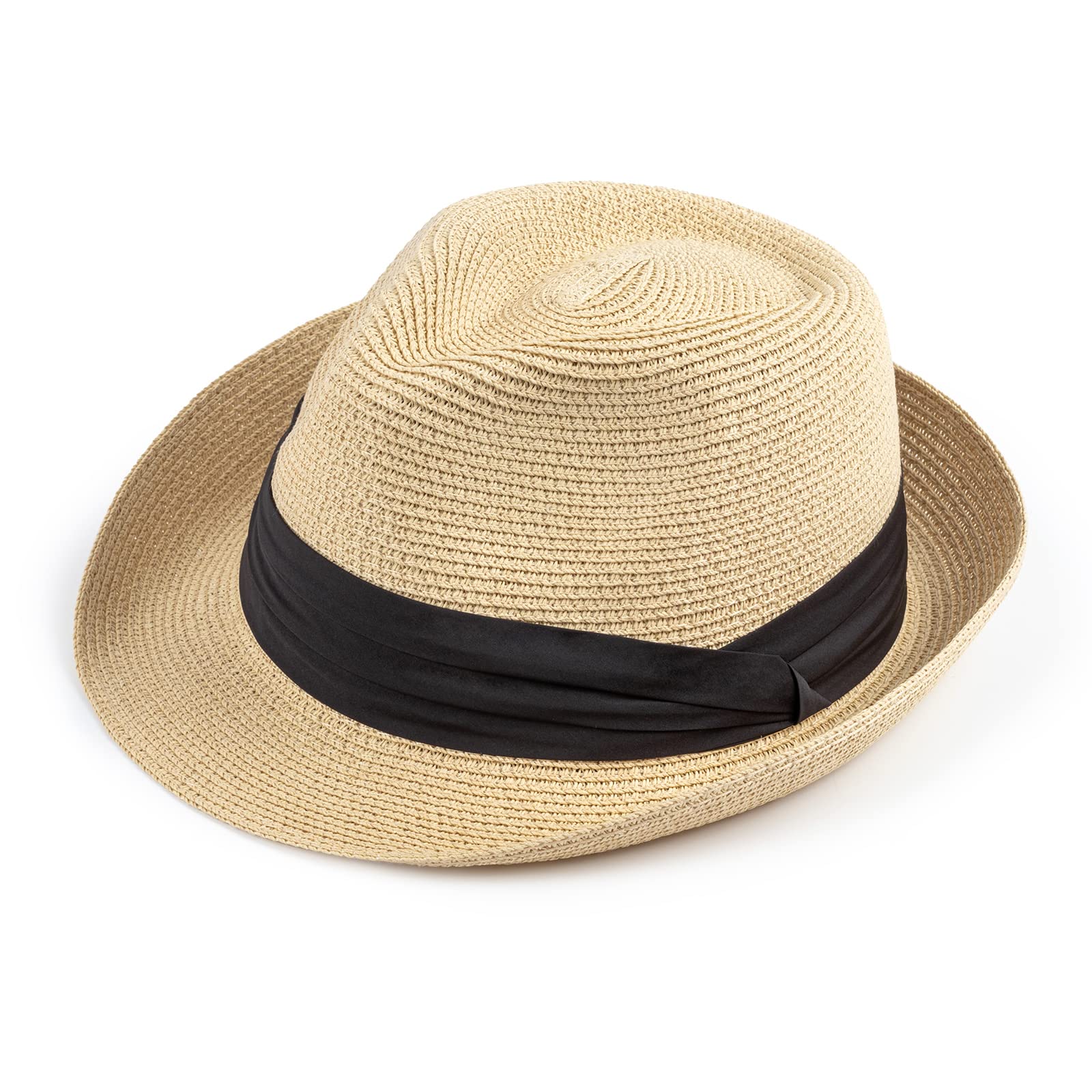 DRESHOW Women Straw Panama Hat Fedora Beach Sun Hat Short Brim Roll up Hat UPF 50+