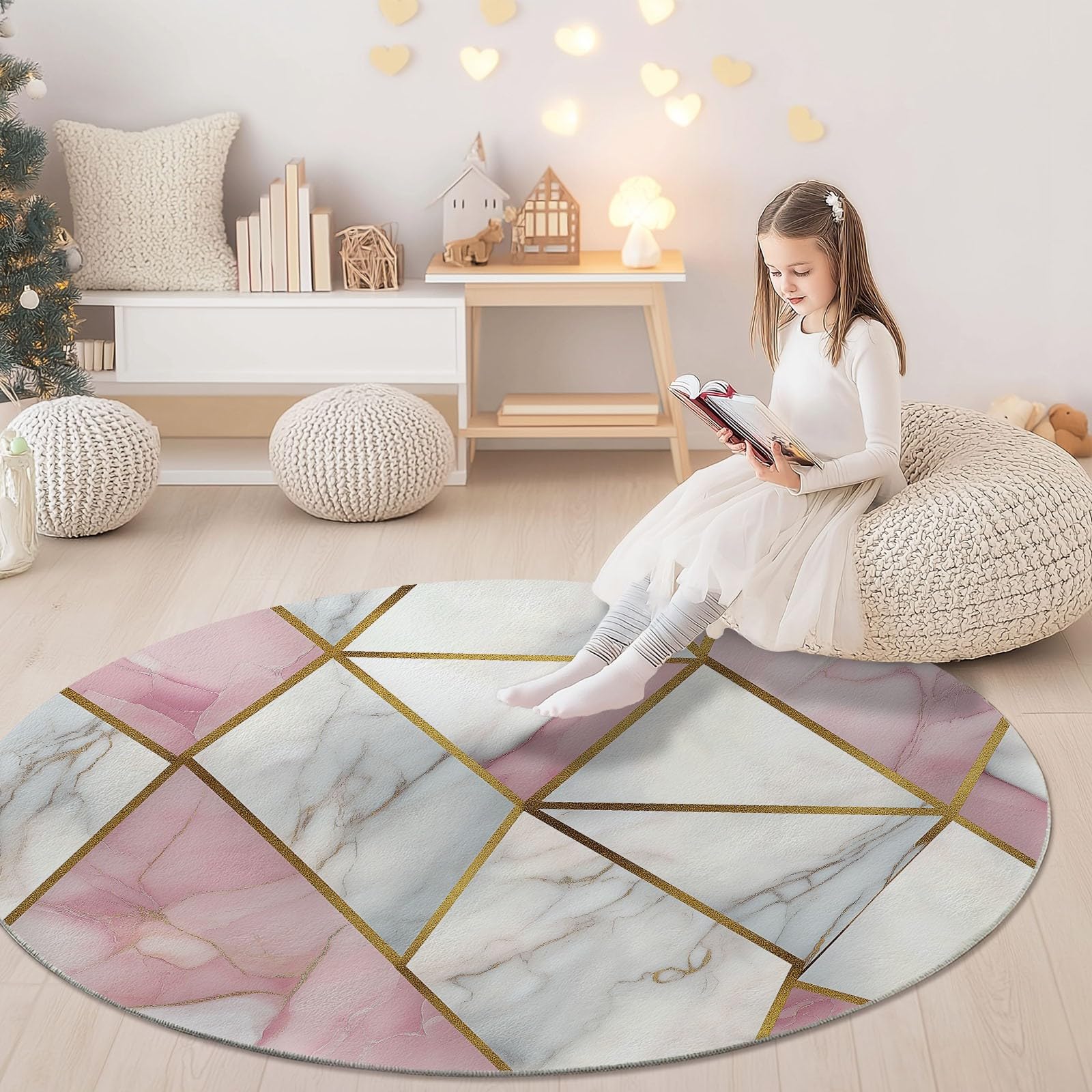 Tappeto rotondo da 210 cm, tappeto moderno antiscivolo, in flanella per interni, lavabile, morbido, per cameretta dei bambini, stanza dei giochi, camera da letto, 210 cm, colore: rosa e bianco