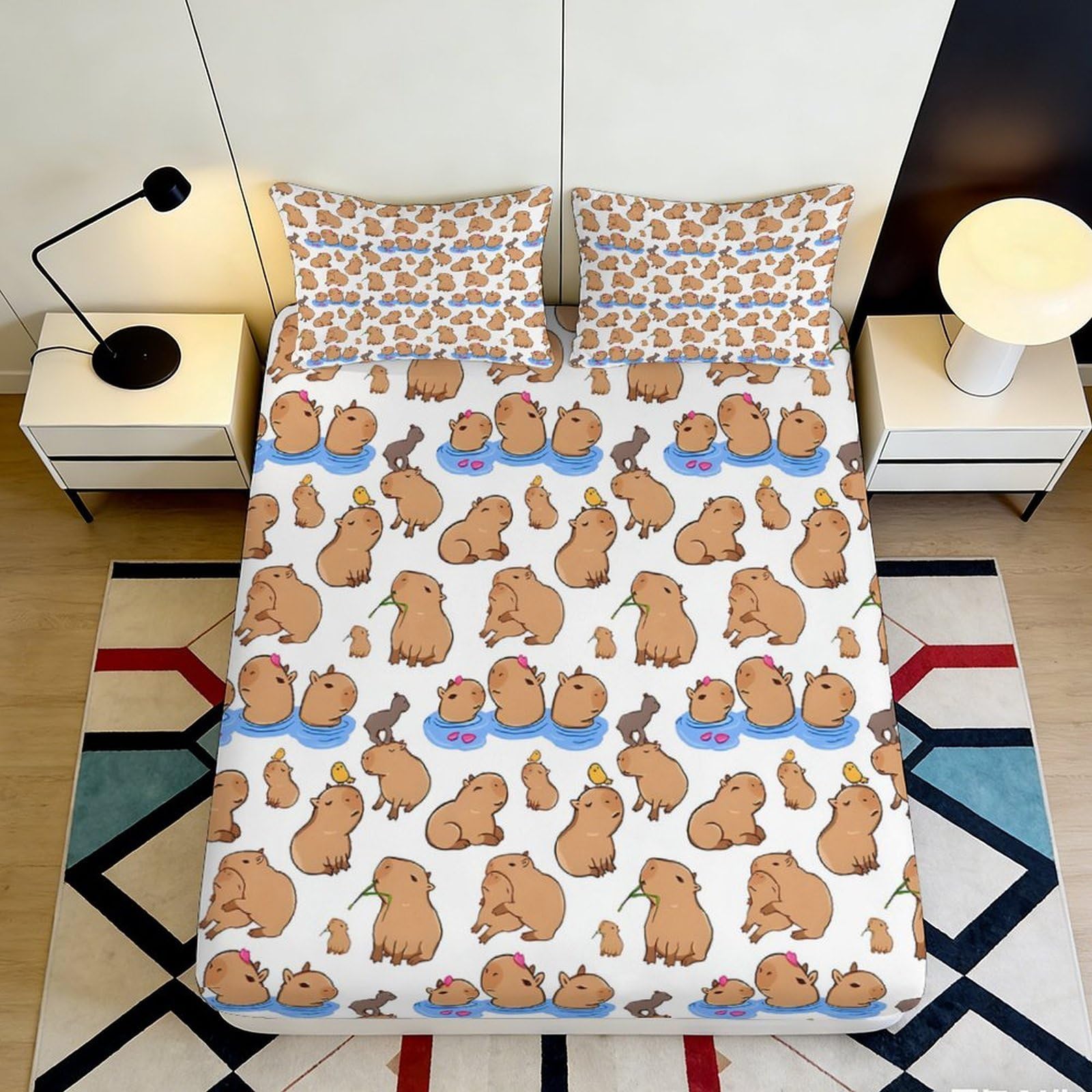 3D Printed Cute Capybara Fitted Sheet Microfiber Soft Animal Cartoon Bed Sheet for Bedroom Guest Room Dorm Decor 120x200x25cm