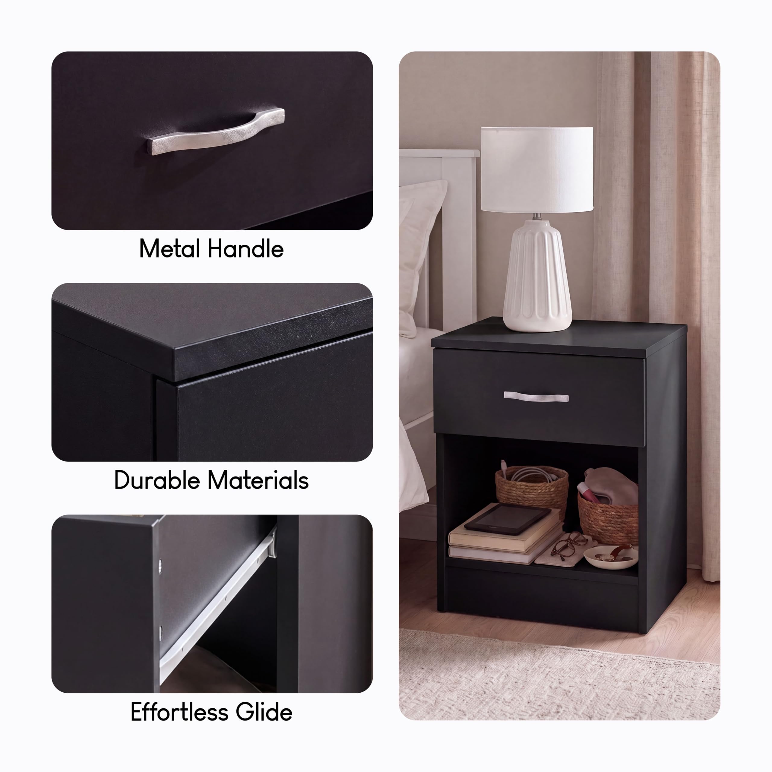 Vida Designs nero comodino, 1 cassetti con maniglie in metallo e corridori, sistema unico con guide, Riano mobili per camera da letto