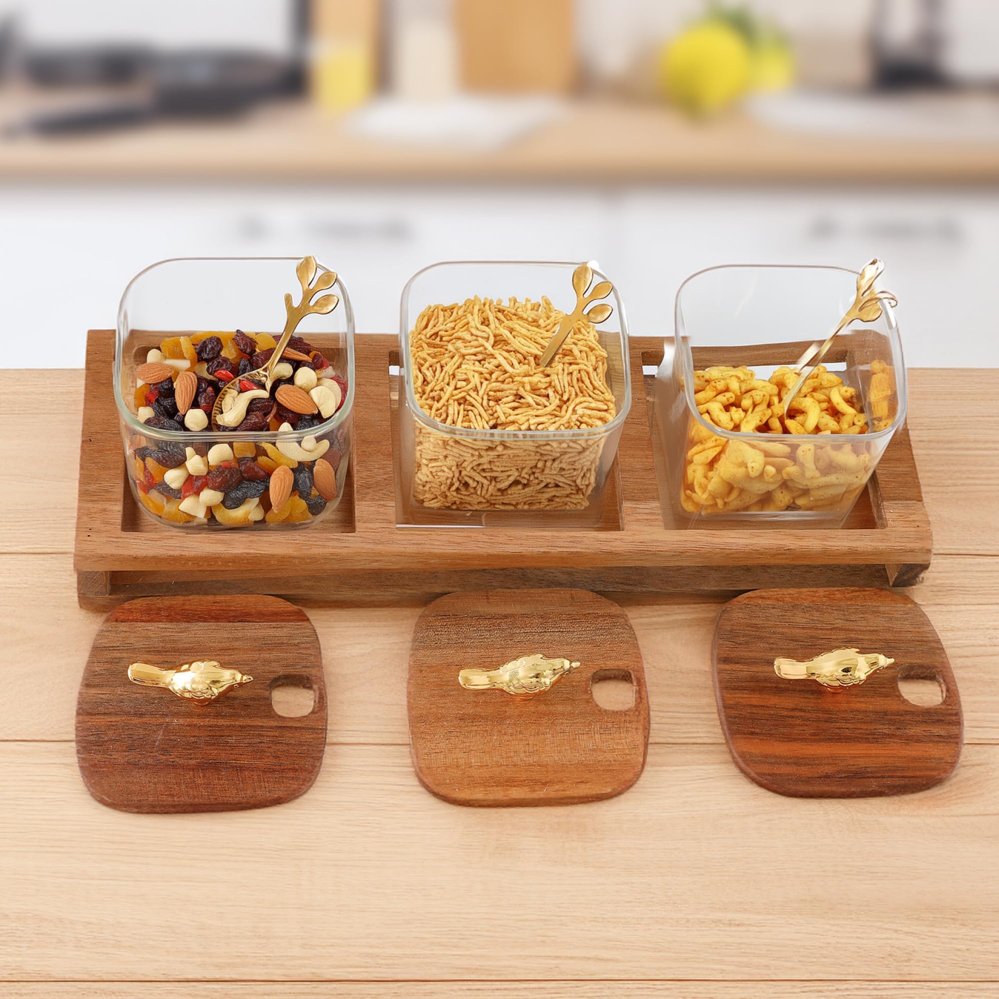 Kuber Industries Set of 3 (380ml) Glass Jars for Kitchen With Acacia Wood Lid| Air Tight Masala Container & Daba Set for Dry Fruit & Spices | Textured Canisters Jar | Transparent-ST23356