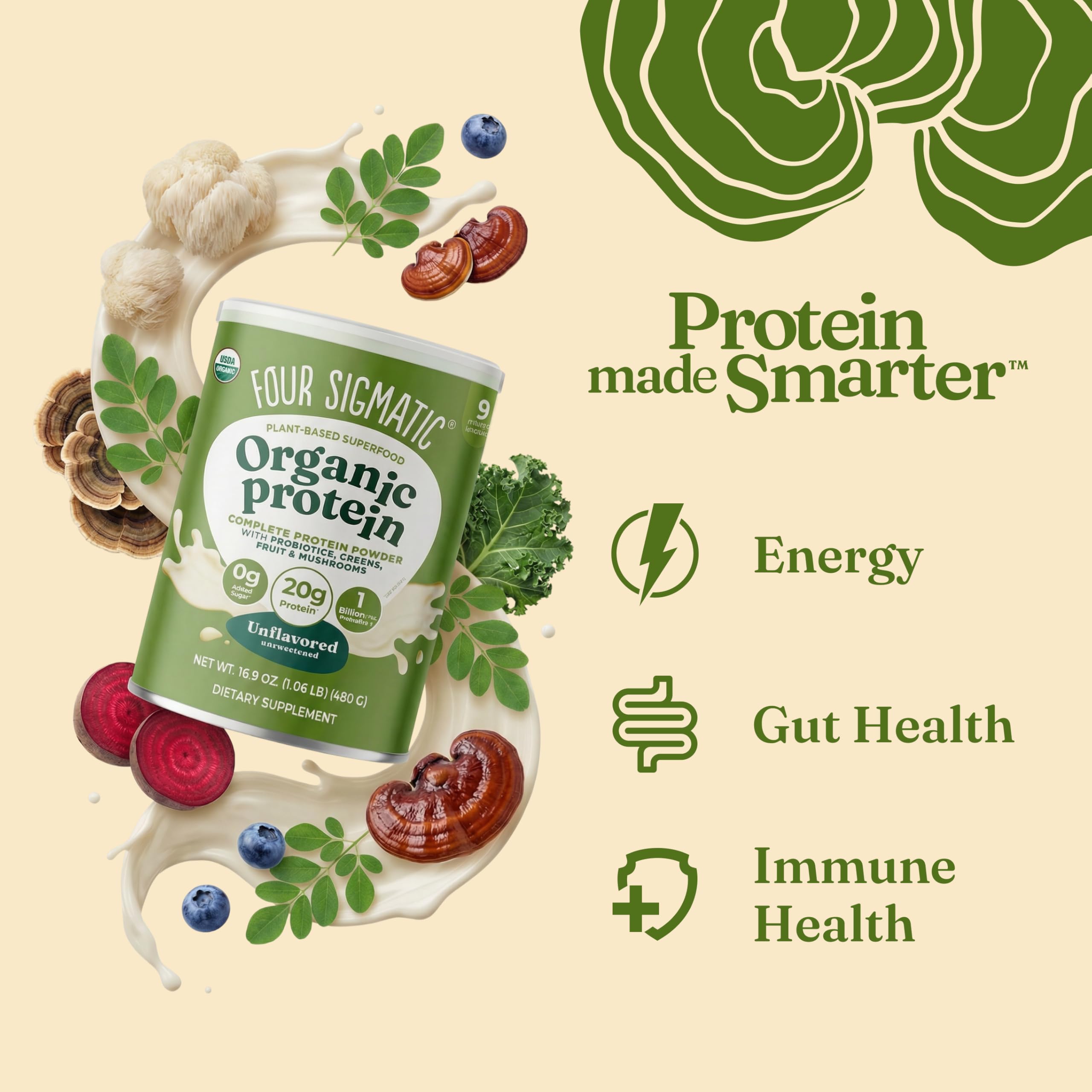 Amazon.com: Four Sigmatic Organic Plant-Based Protein Powder | Clean Vegan  Protein Elevated with Lion's Mane, Chaga, Cordyceps and More for Brain  Function and Immune Support | Unflavored, 16.9 oz : Health & Household