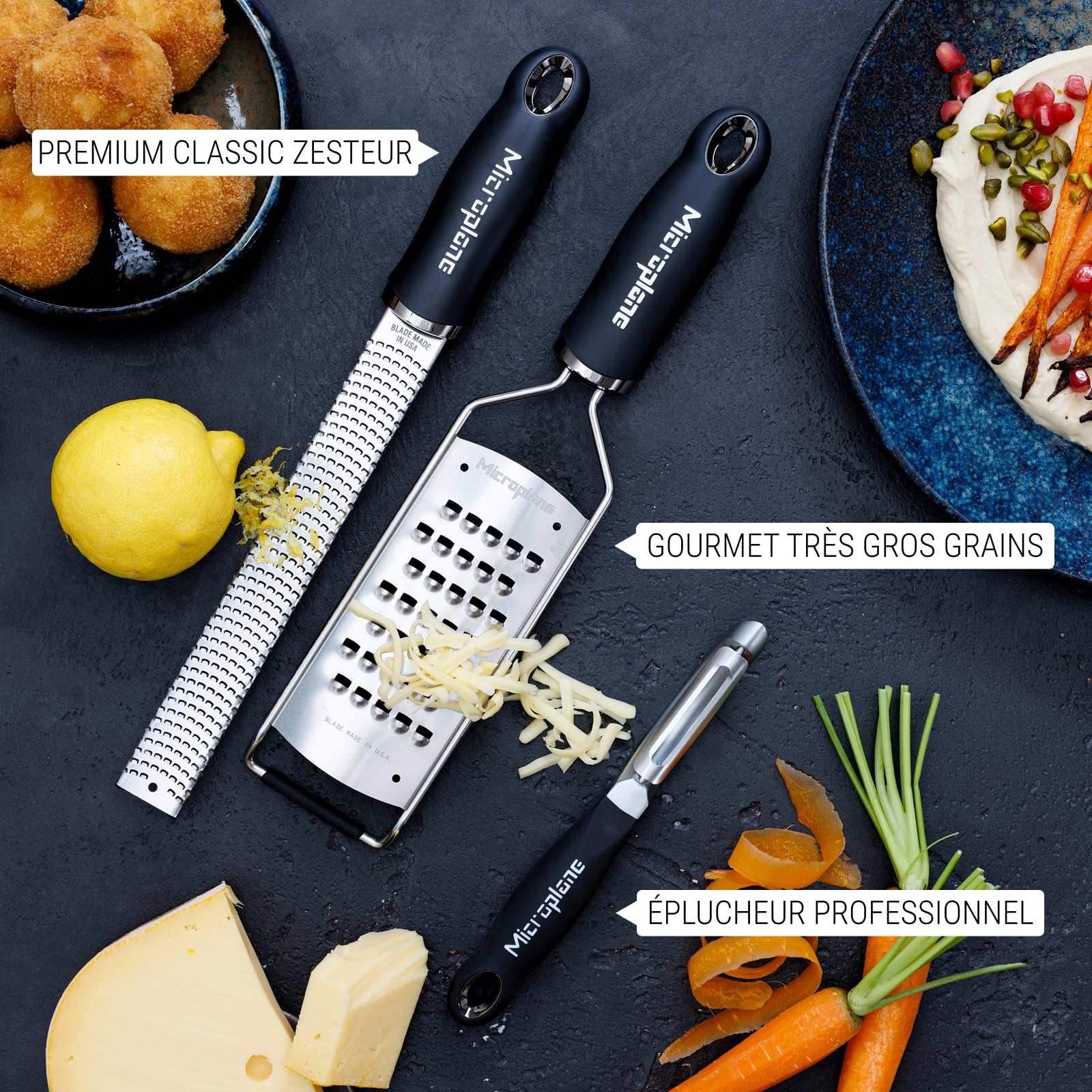 Microplane Coffret Cadeau Gourmet 3 pièces Râpe Zesteur Premium Classic, Râpe Très Gros Grains&Éplucheur Professionnel, Lames Inox Ultra-Tranchantes, Ustensiles de Cuisine Haut de Gamme Ergonomiques