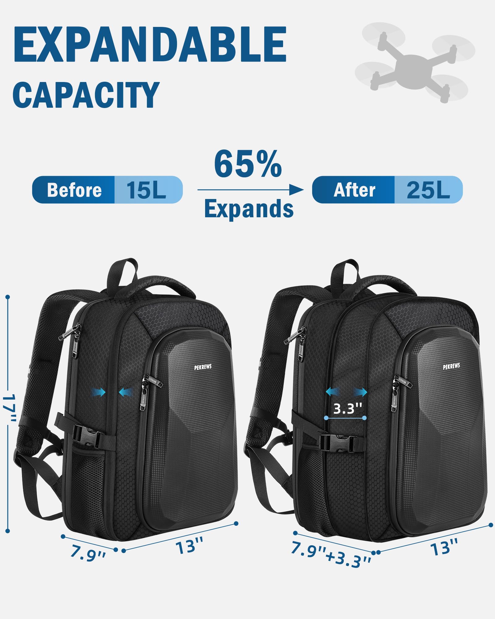 PEKREWS Zaino per Mini 5 Pro, Zaino Grande Capacità per DJI Mini 5 Pro, RC 2/RC-N3, Compatibile Con Laptop 15,6 Pollici, Custodia Rigida Idrorepellente per Accessori Fly More Combo