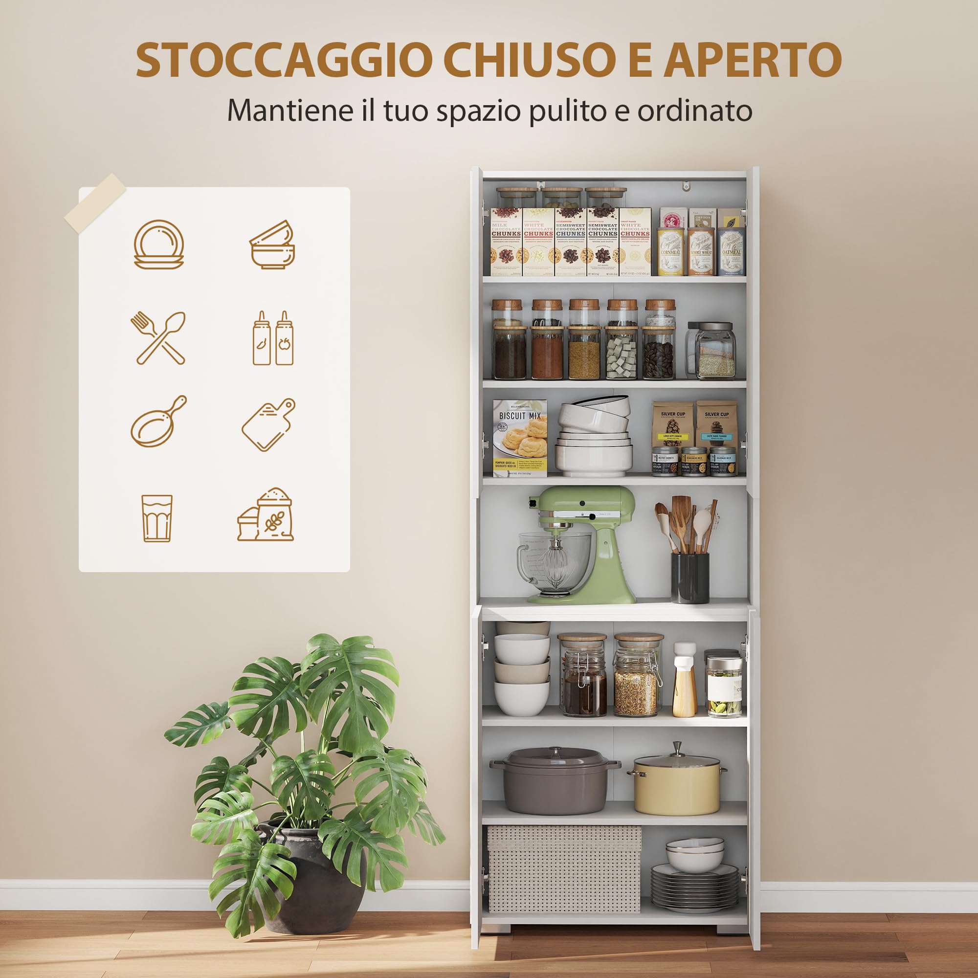 HOMCOM Credenza Cucina Alta 180 cm, Mobile Dispensa con 4 Ante Soft-Close, Ripiani Regolabili, Scomparto Aperto, 2 Armadietti, Mobile Cucina Moderno per Sala da Pranzo Soggiorno, Bianco Lucido