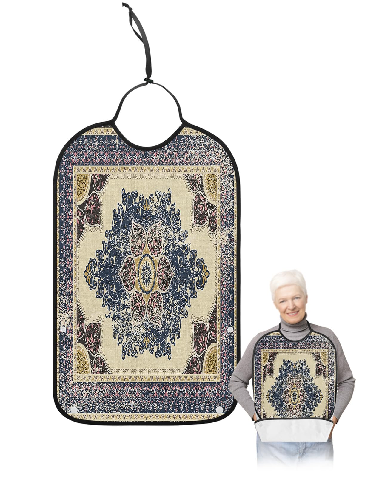 LEOKOTI Boho Blue Yellow Pink Adult Bibs for Eating, Waterproof Bibs with Food Catcher & Adjustable Snap Closure, Vintage Modern Geometric Abstract Washable Clothing Protectors Adult Bibs for Elderly