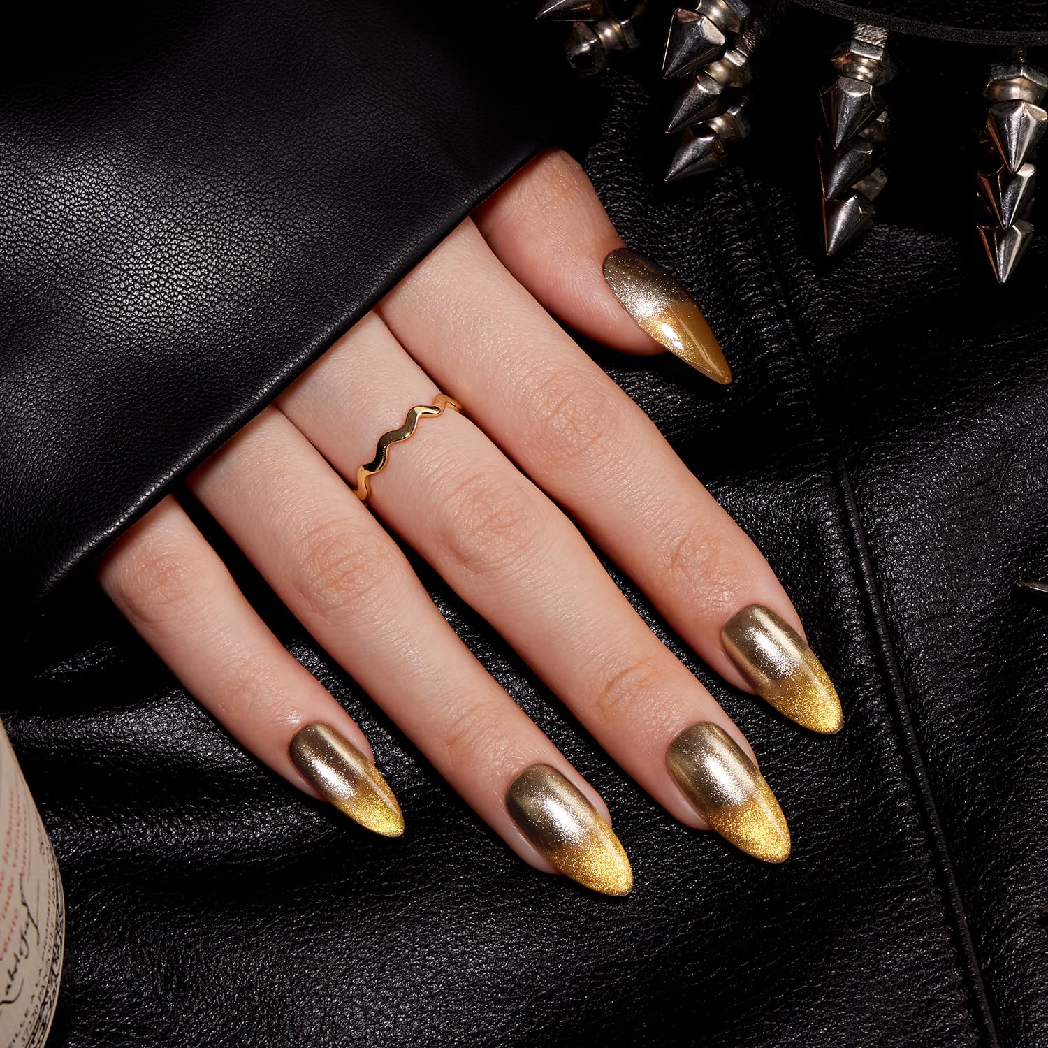 VSALON Press on Nails Medium Almond - Metallic Golden Ombre Cat Eye Glue On Nails for Women, Opaque Sparkle Salon Quality Fake Nails - 32 PCS Stick on Nails in 16 Sizes with Glue & Cuticle Oil