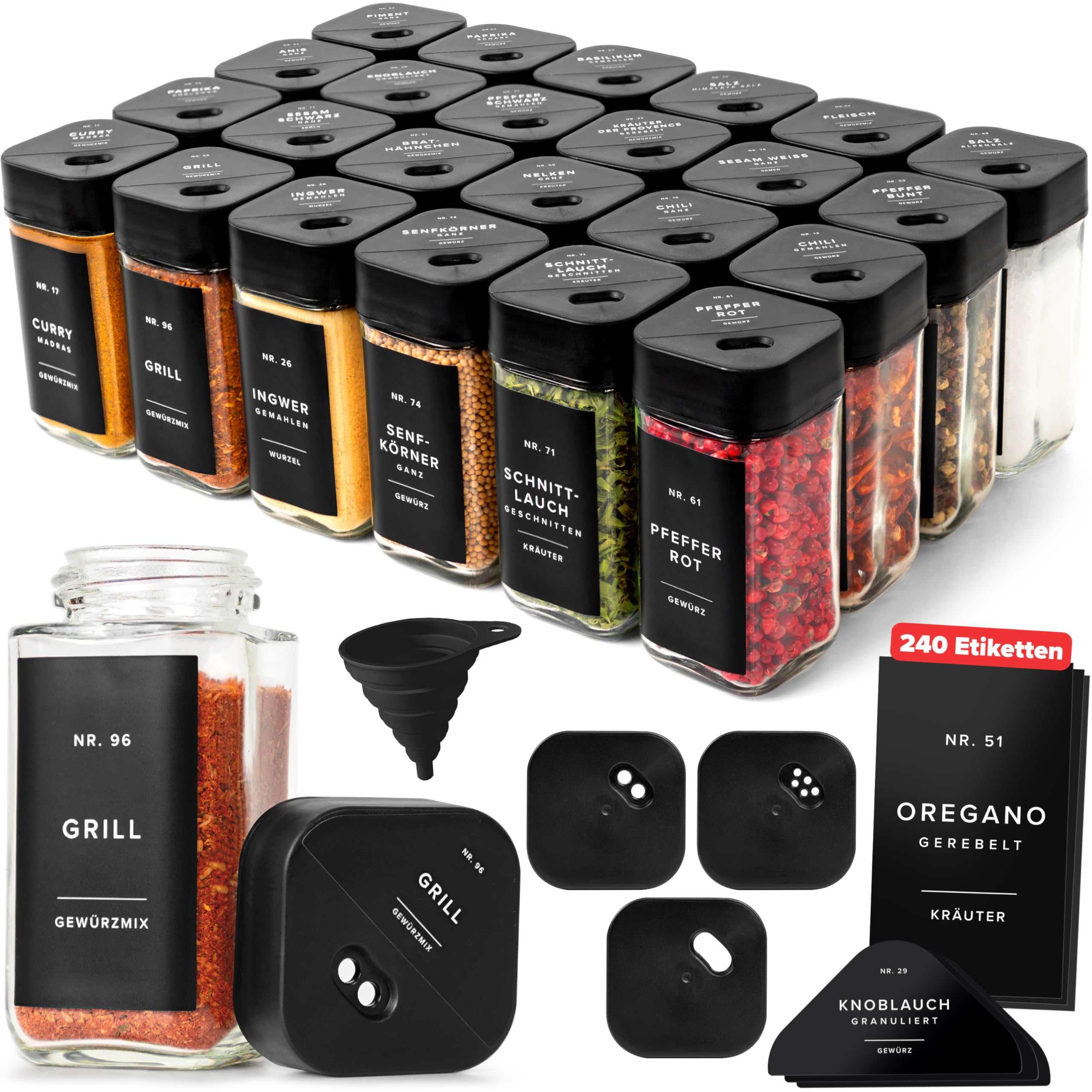 EDELHAUS Gewürzgläser Eckig Set mit Schwarzem Verstellbarerem Deckel (24 x 120ml) Gewürzstreuer mit 240 Etiketten Schwarz - Hochwertige Gewürzbehälter, Gewürzdosen, Gewürze organizer