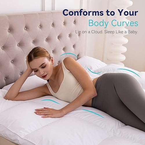 Miniatura 3 de LeWinBedding Cubrecolchón de plumas de ganso blanco de 3 pulgadas, funda de colchón con correas, soporte ultrasuave, tela de algodón 100% orgánico