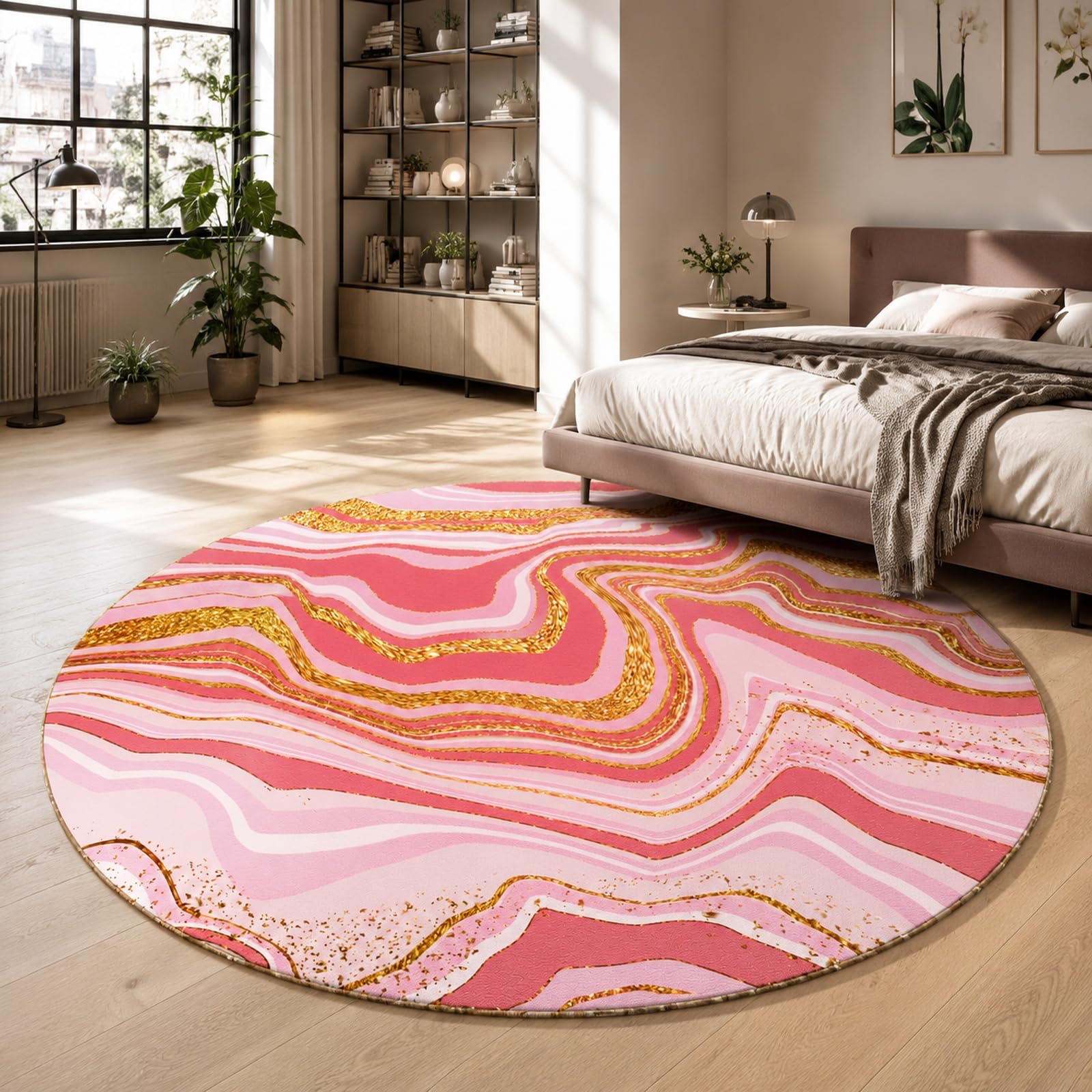 Tapis rond tableau abstrait moderne rose jaune lavable pour salon 80 cm