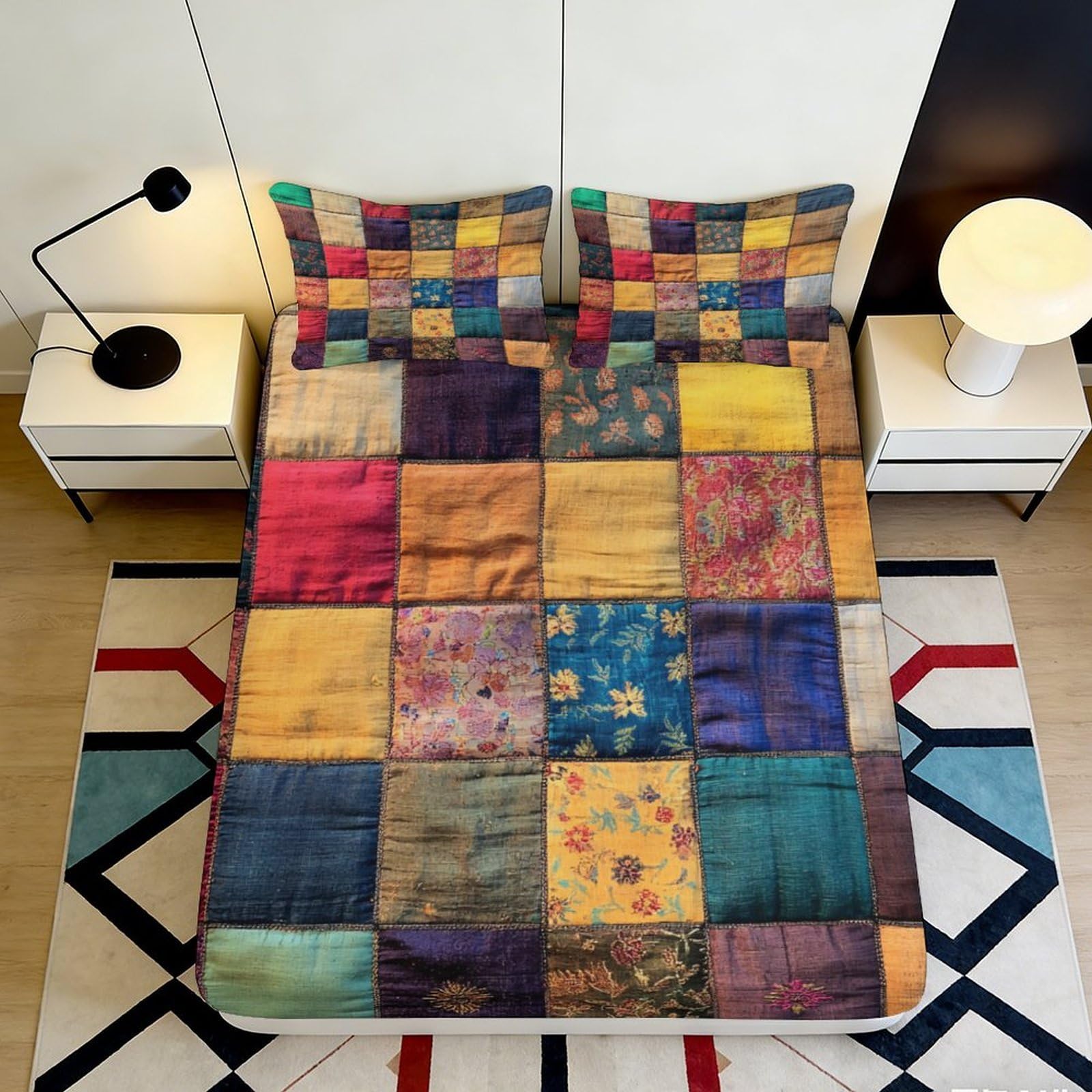 3D Printed Patchwork Fitted Sheet Microfiber Soft Breathable Floral Pattern Bed Cover for Bedroom Dormitory Guest Room Mattress Protection 200x200x25cm