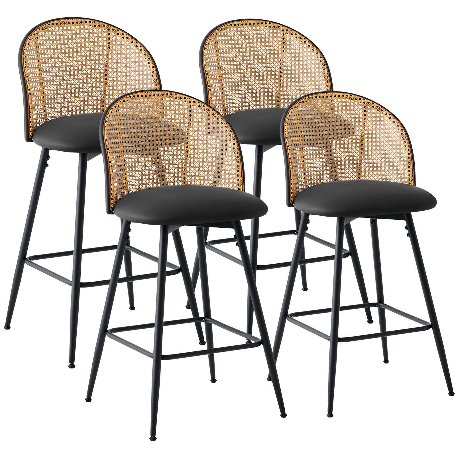 Bekrvio Black Bar Stools Set of 4, Swivel Counter Stools with Rattan Back & Metal Legs, 26" PU Leather Barstools Counter Height, Mid Century Modern