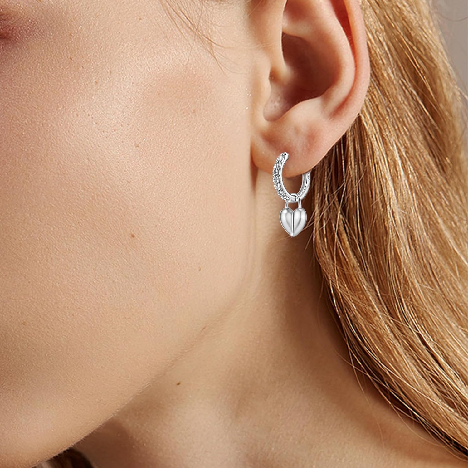 Heart Dangle Hoop Earrings White Gold Plated Sterling Silver CZ Heart Love Hoop Earrings Huggie Earrings Highly Polished Dainty Minimalist Lightweight Jewelry Gifts for Women Girlfriend Wife Birthday - Image 6