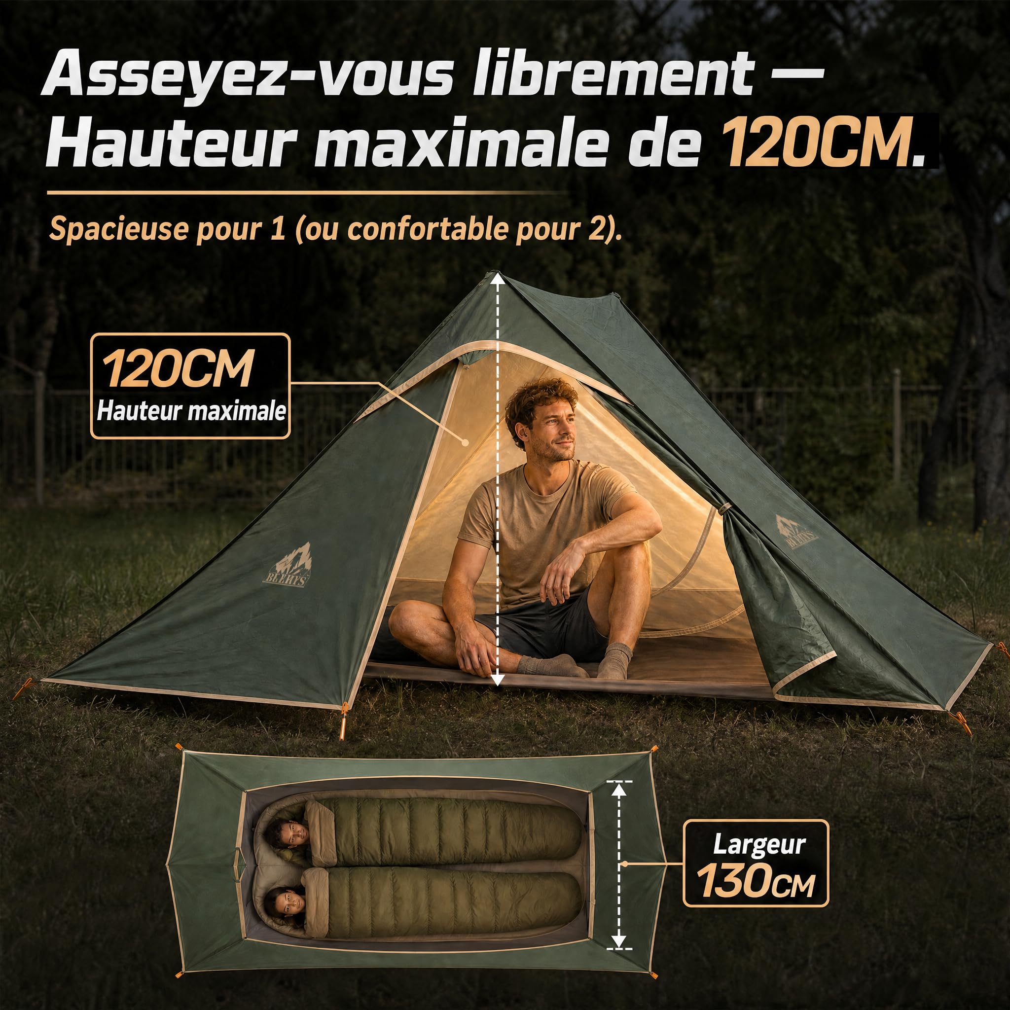 Tente de Camping ultralégère 1/2 Personne, Trekking imperméable 3 Saisons, pour Alpinisme et randonnée (bâton Non Inclus) (2 Personnes-Beige)