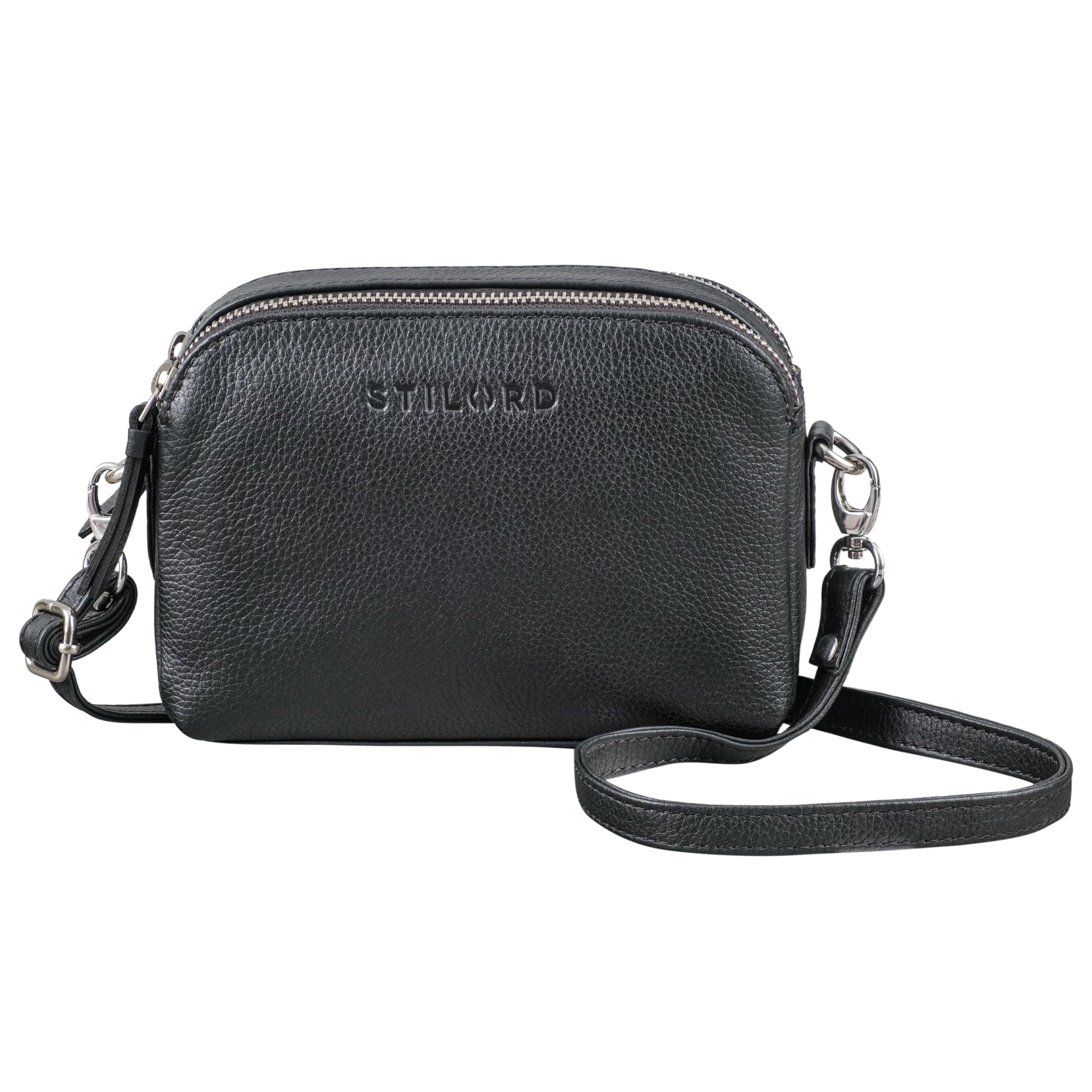 STILORD Nina Kleine Umhängetasche Damen Leder Tasche Brustbeutel Mini Handtasche Vintage Clutch Handytasche bis 7 Zoll Ledertasche Retro Abendtasche Damen Farbe:schwarz