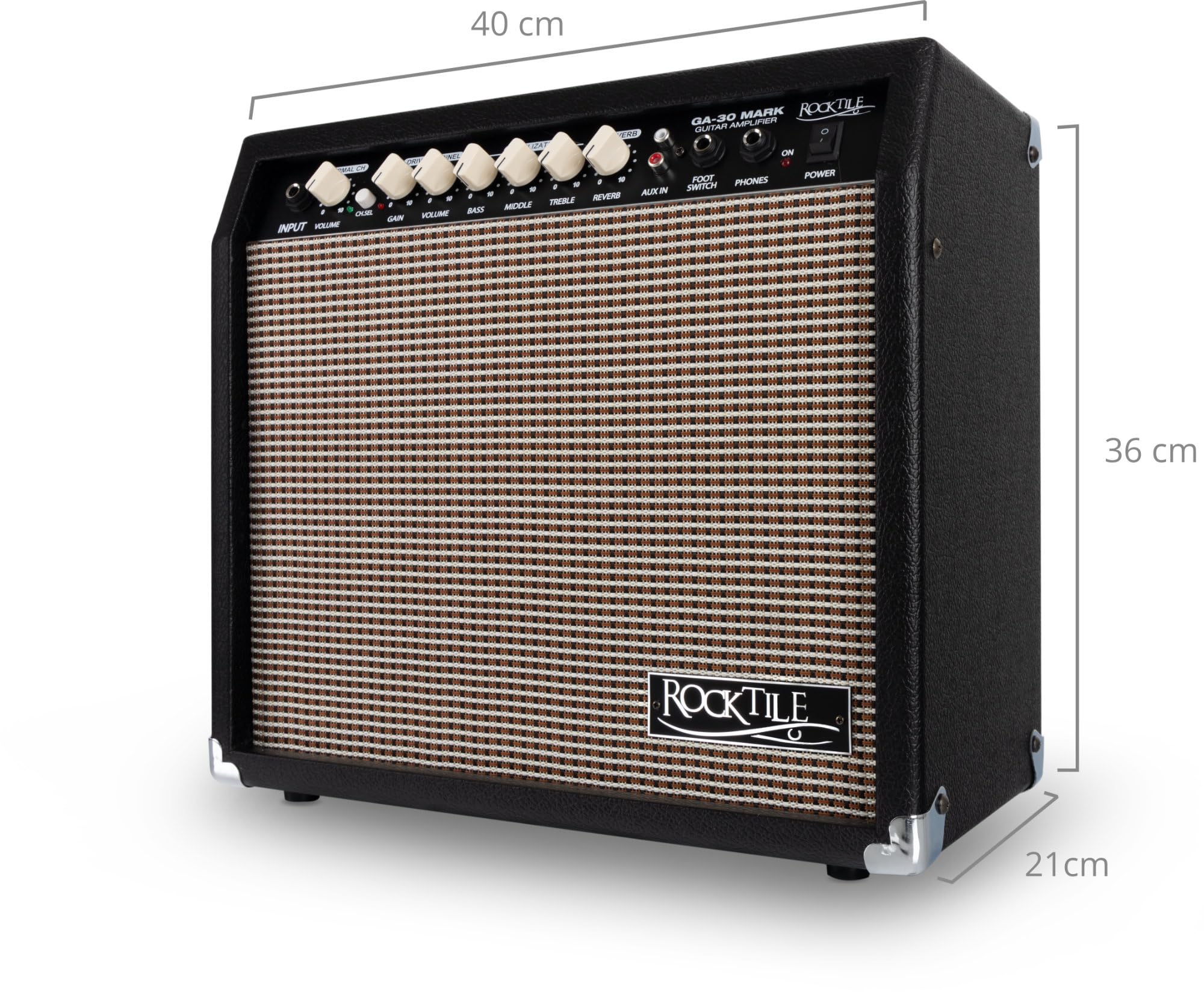 Amplificatore per Chitarra Rocktile GA-30 Mark (combo chitarra 30 watt, 2 canali (Clean/Drive), speaker 8", con effetto riverbero nero