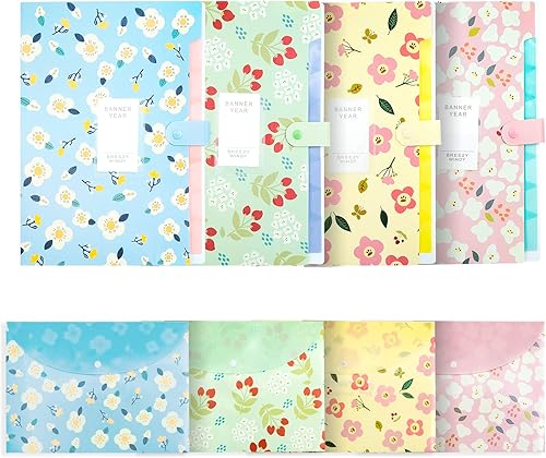 POTTIIS Carpetas de archivo expandibles con diseño de flores, 8 bolsillos, paquete de 4, tamaño carta A4, material de poliéster, 12.8 x 9.3 pulgadas