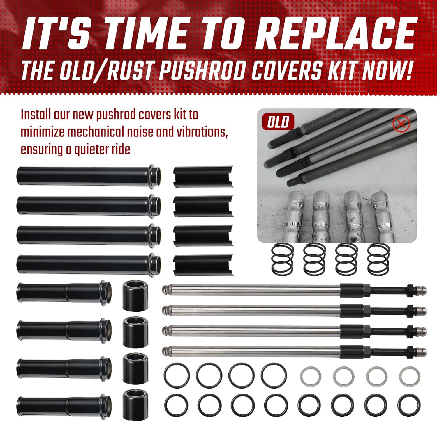 M8 Pushrods & Covers Kit for 2017-up Harley Milwaukee 8 Engine Touring Softail Bikes, Black