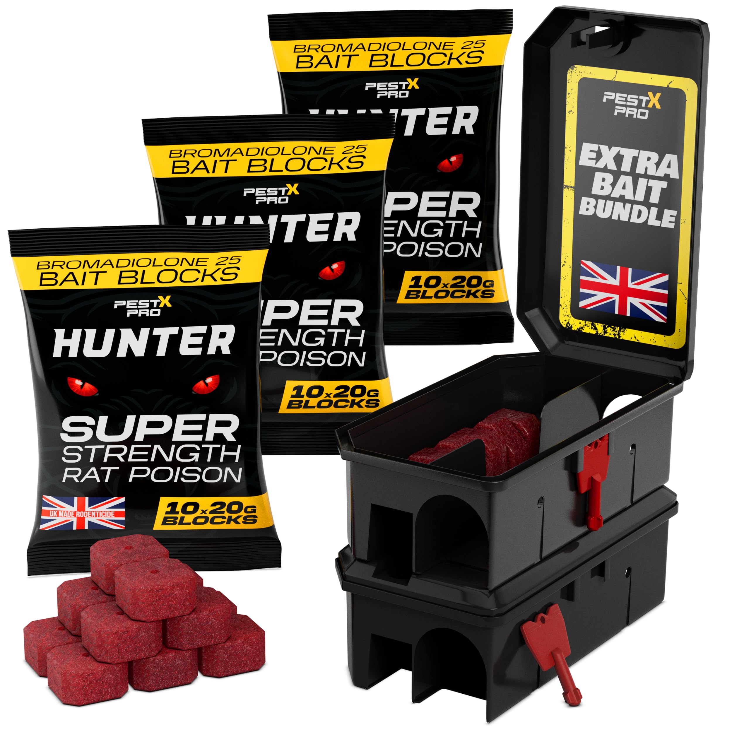 Pest-X Pro Extra Bait Bundle – 2X Pre-Baited Rat Stations & 3 × 200 g Sachets, Hunter Professional Rat & Mouse Killer Bait — image 1