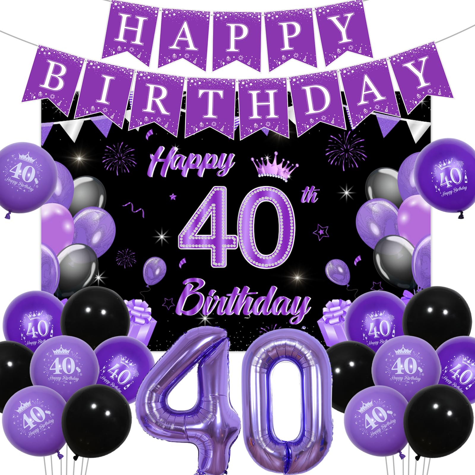 Fangleland 40th Birthday Decoration Black and Purple For Women, 40th Birthday Party Supplies with Happy Birthday Banner Balloons Happy 40th Birthday Backdrop 40 Foil Balloon for Forty Birthday Decor