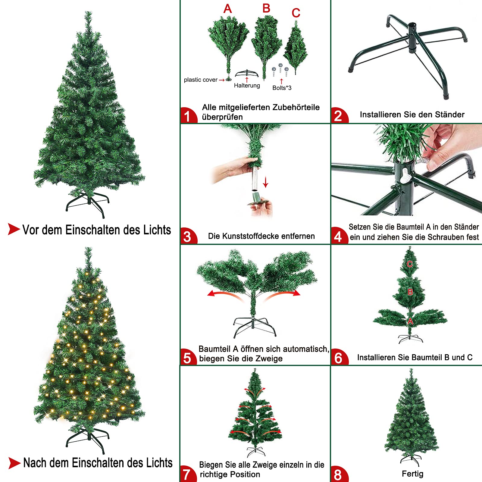HENGMEI PVC Árbol de Navidad Artificial con Iluminación 210 cm LED con Soporte Decoración de Navidad (210 cm 350 Luces)